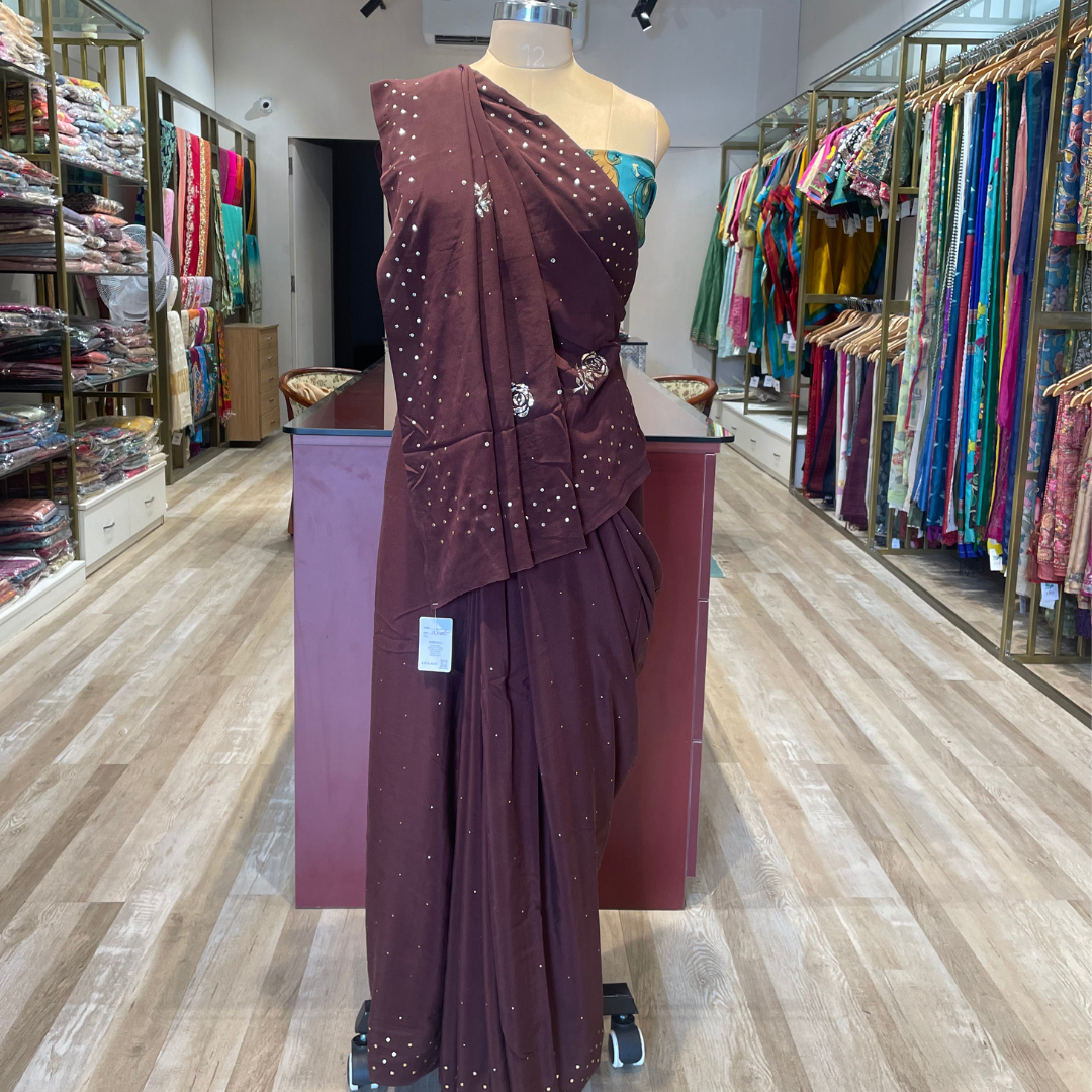 Mukesh work, creap saree with kalamkari blouse