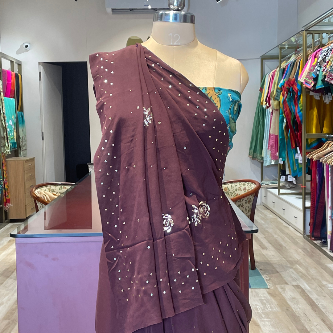 Mukesh work, creap saree with kalamkari blouse