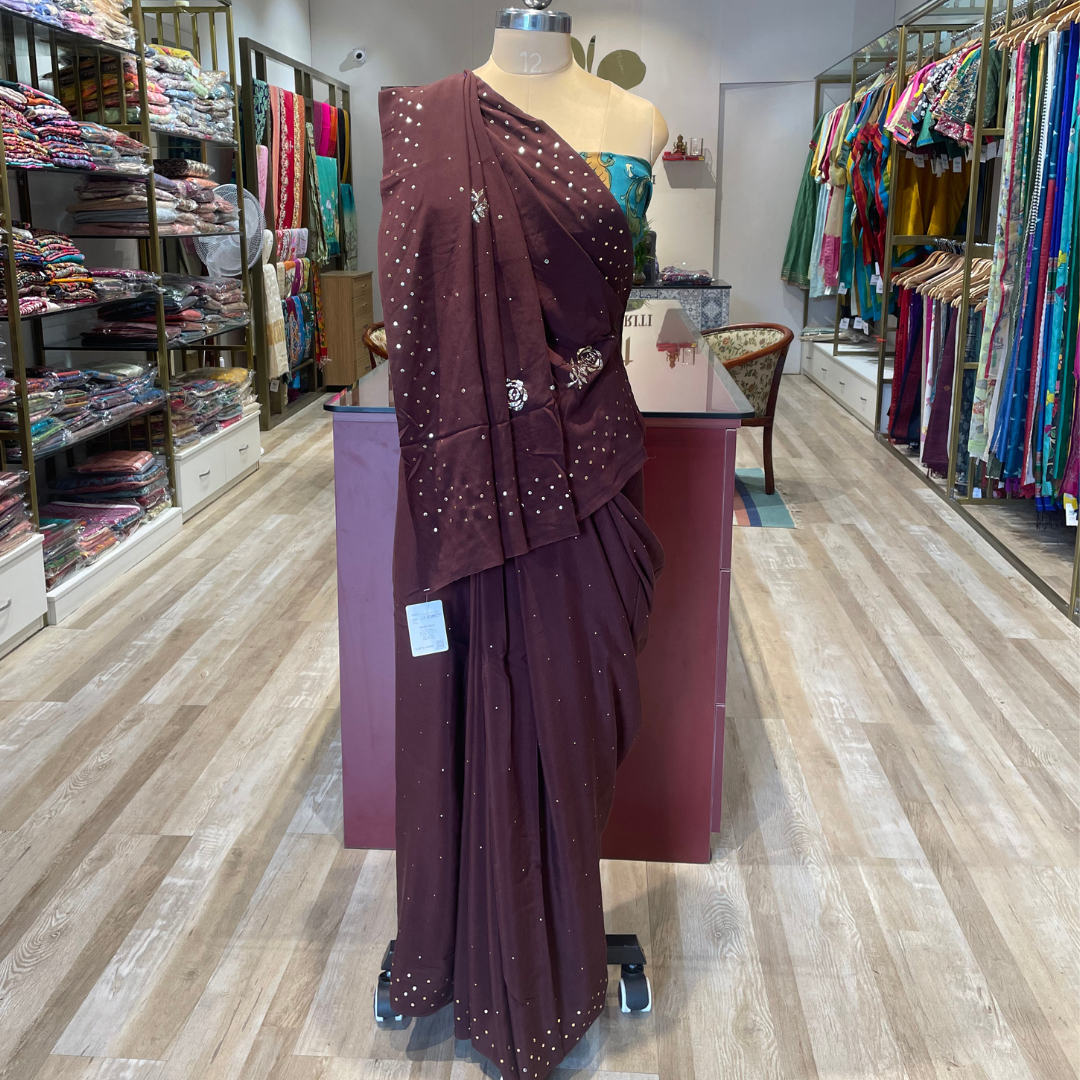 Mukesh work, creap saree with kalamkari blouse