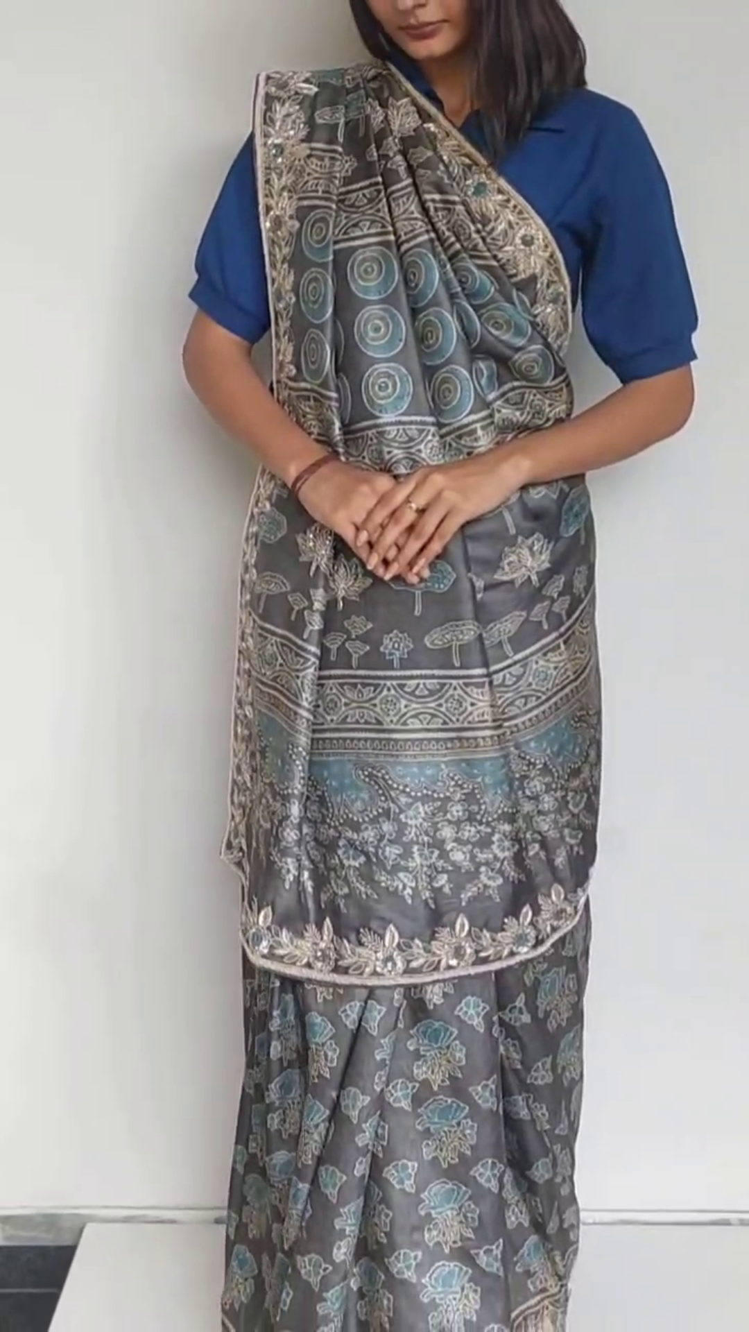 Tussur silk ajrakh zardozi work saree