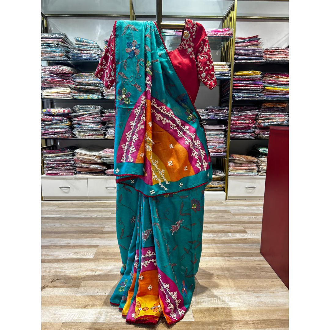 Pure Tussar Silk Saree with Kantha & Gujarati Hand Work