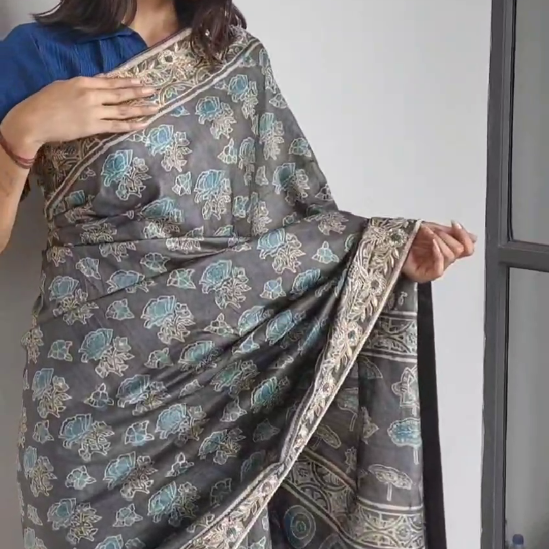 Tussur silk ajrakh zardozi work saree