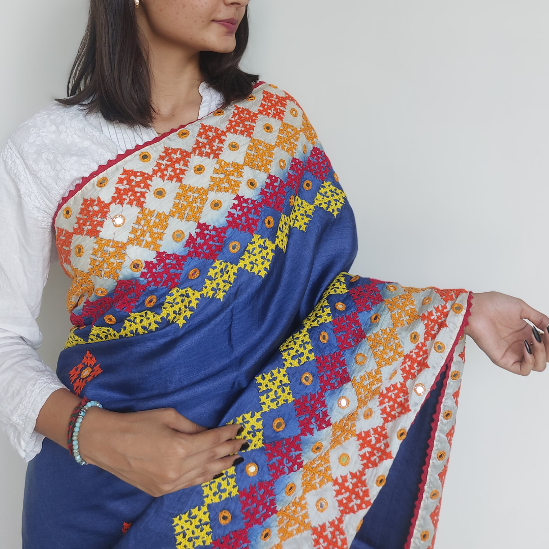 Pure Tussar Silk Saree with Multicolour Gujarati Thread Work