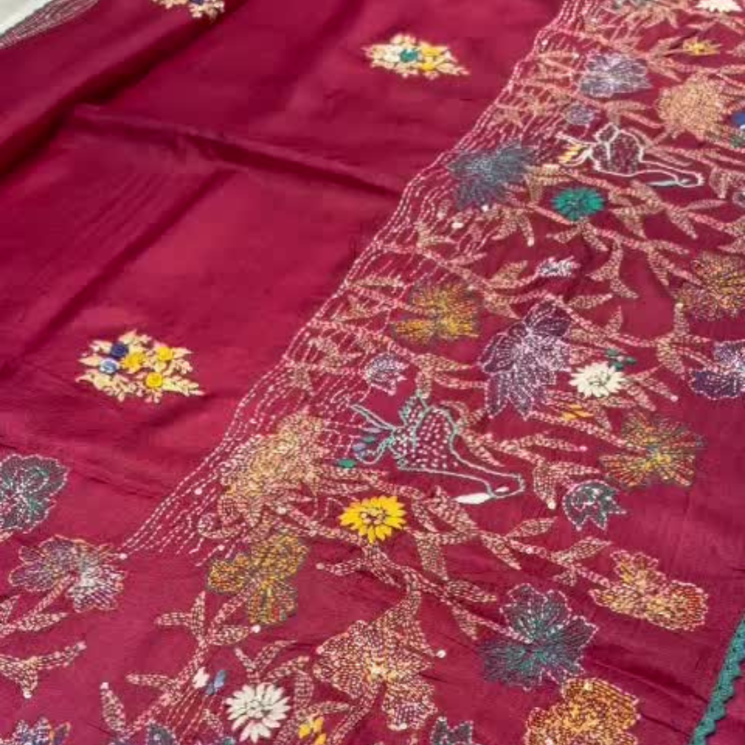 Pure tussur silk kantha and Builyan stitch saree