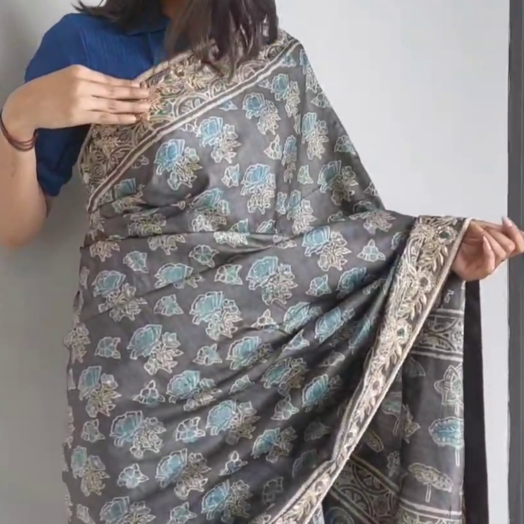 Tussur silk ajrakh zardozi work saree