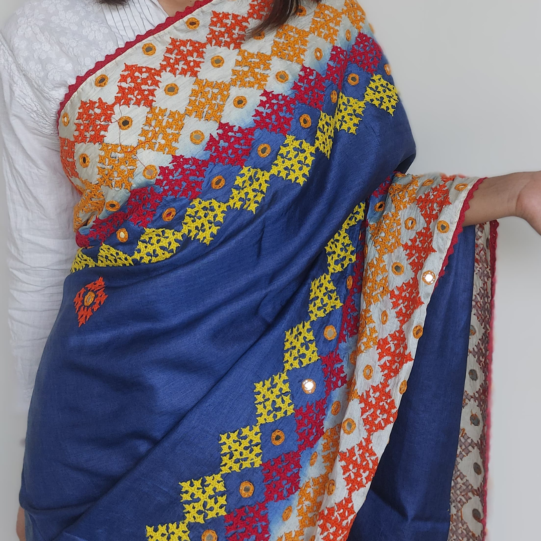 Pure Tussar Silk Saree with Multicolour Gujarati Thread Work
