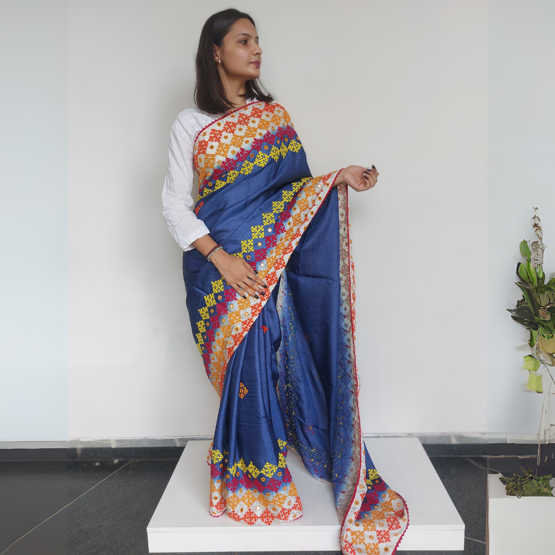 Pure Tussar Silk Saree with Multicolour Gujarati Thread Work