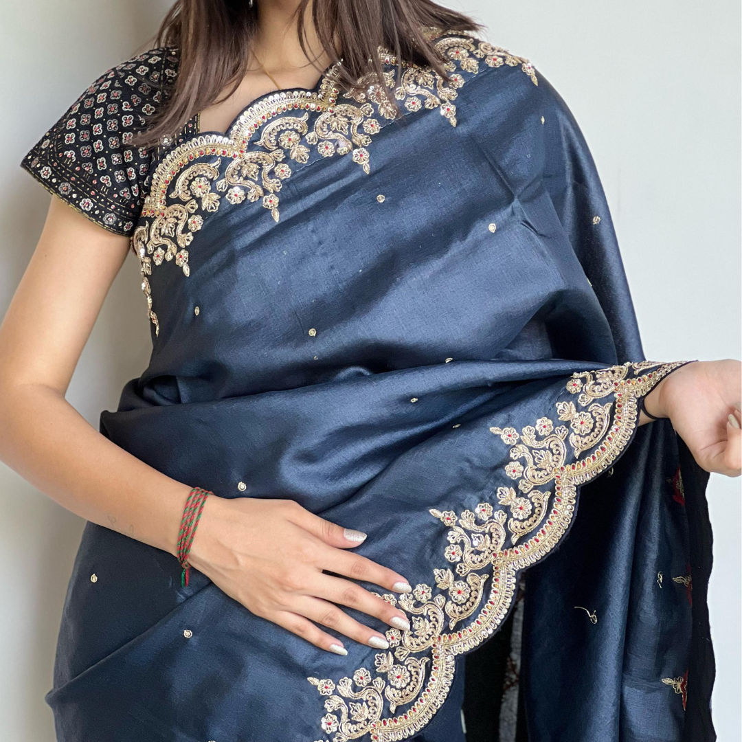 Pure Tussur heavy zardozi work saree