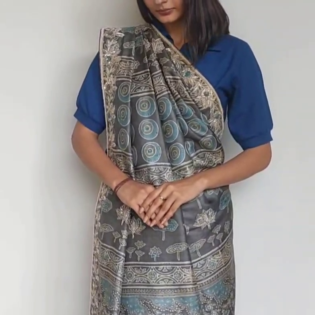 Tussur silk ajrakh zardozi work saree