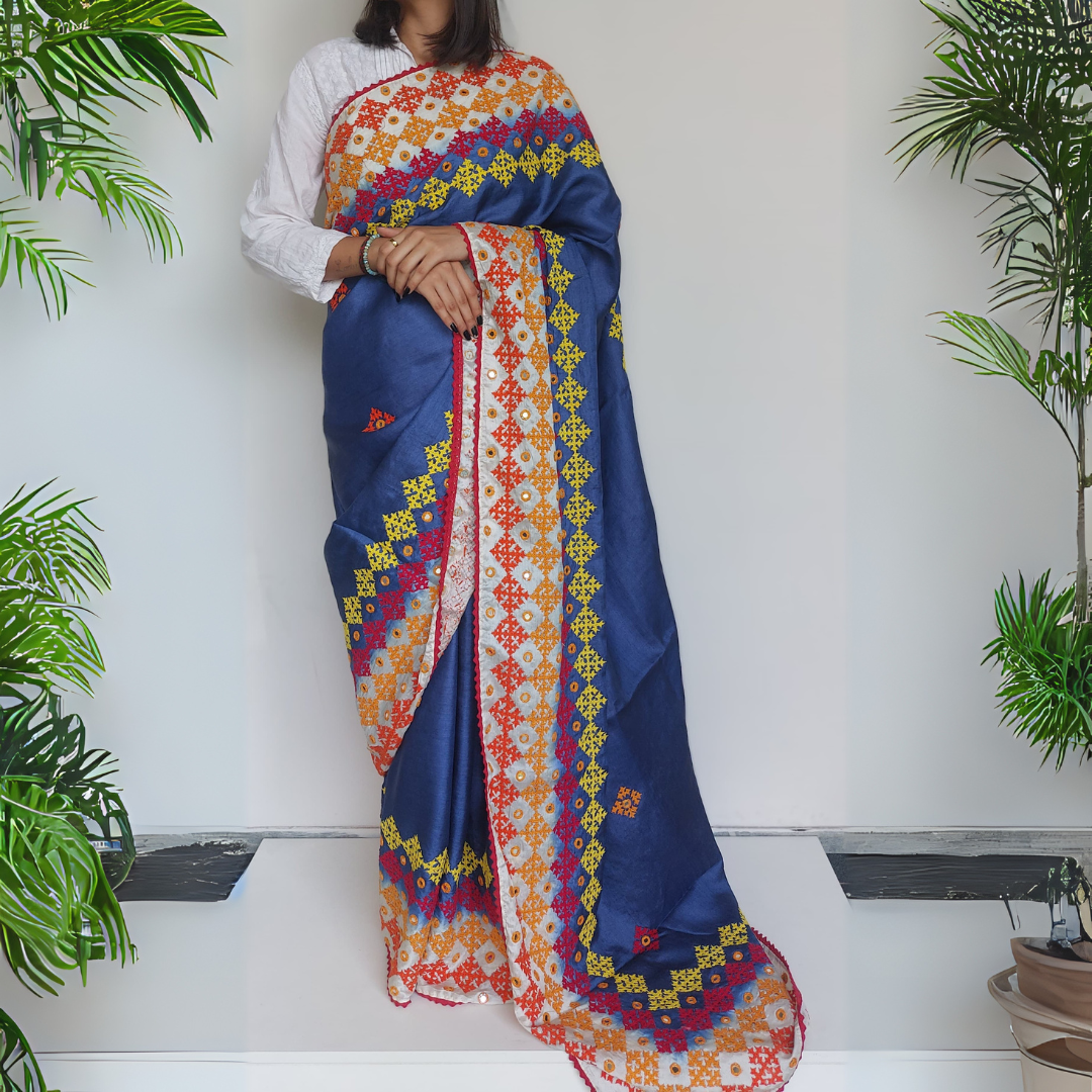Pure Tussar Silk Saree with Multicolour Gujarati Thread Work