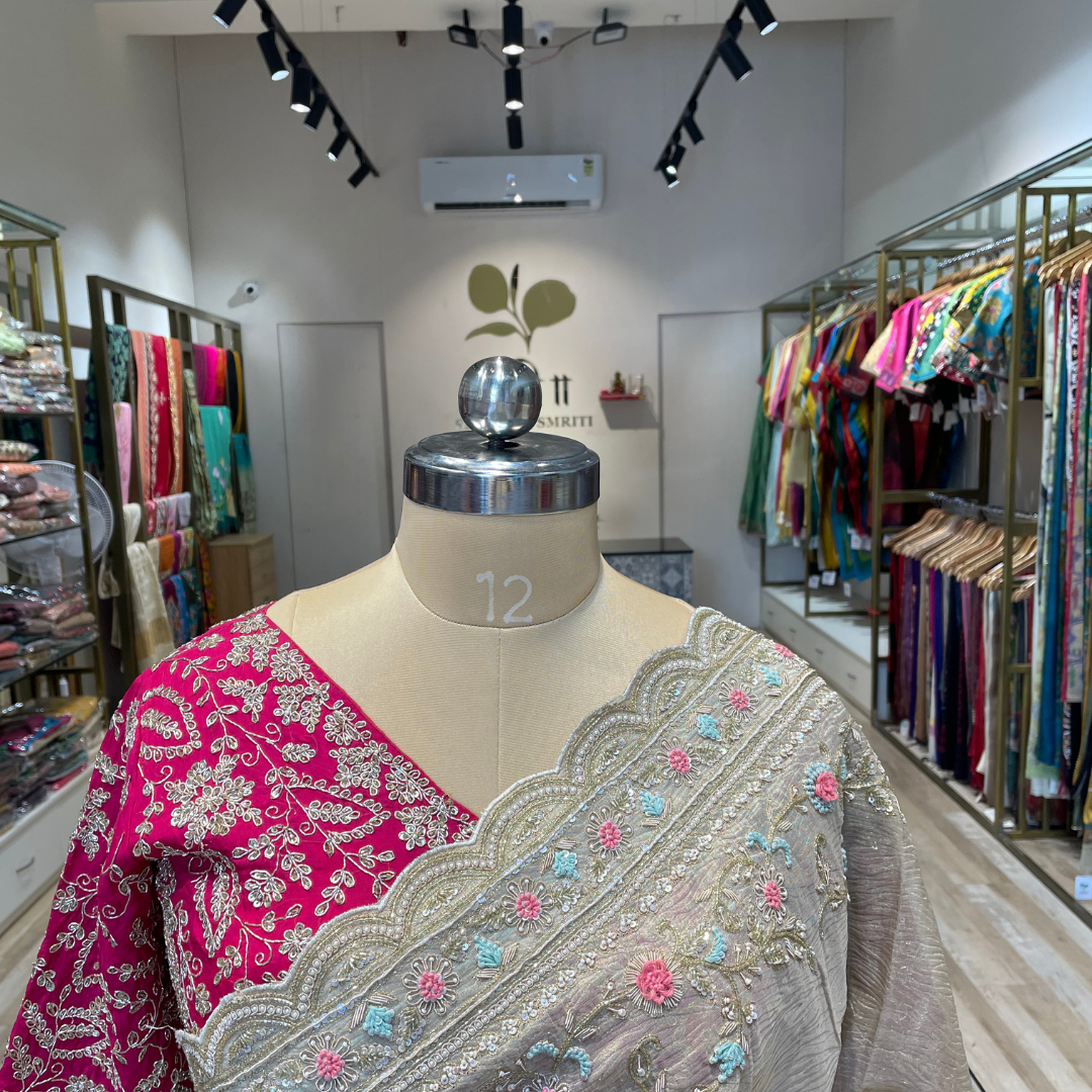 Pure crush tissue saree with thread,Moti handwork