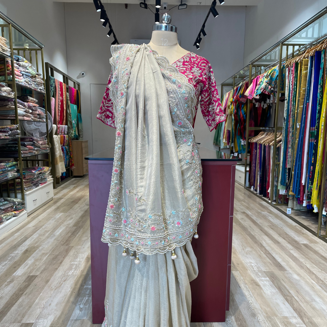 Pure crush tissue saree with thread,Moti handwork