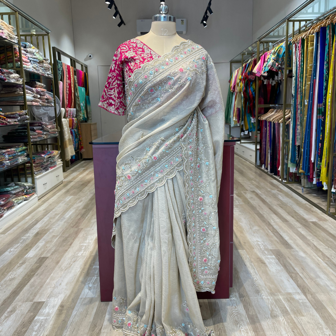 Pure crush tissue saree with thread,Moti handwork