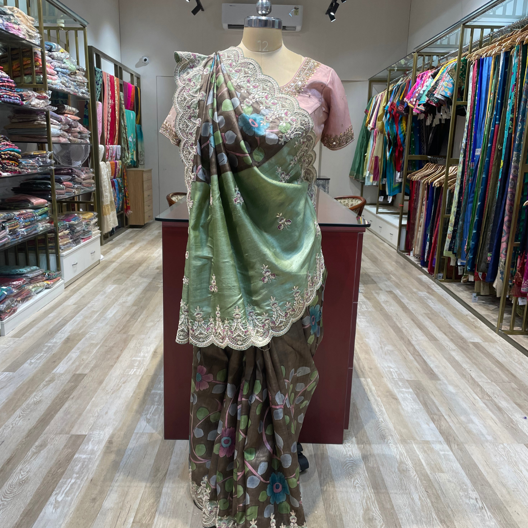 Tussar silk kalamkari with hand work