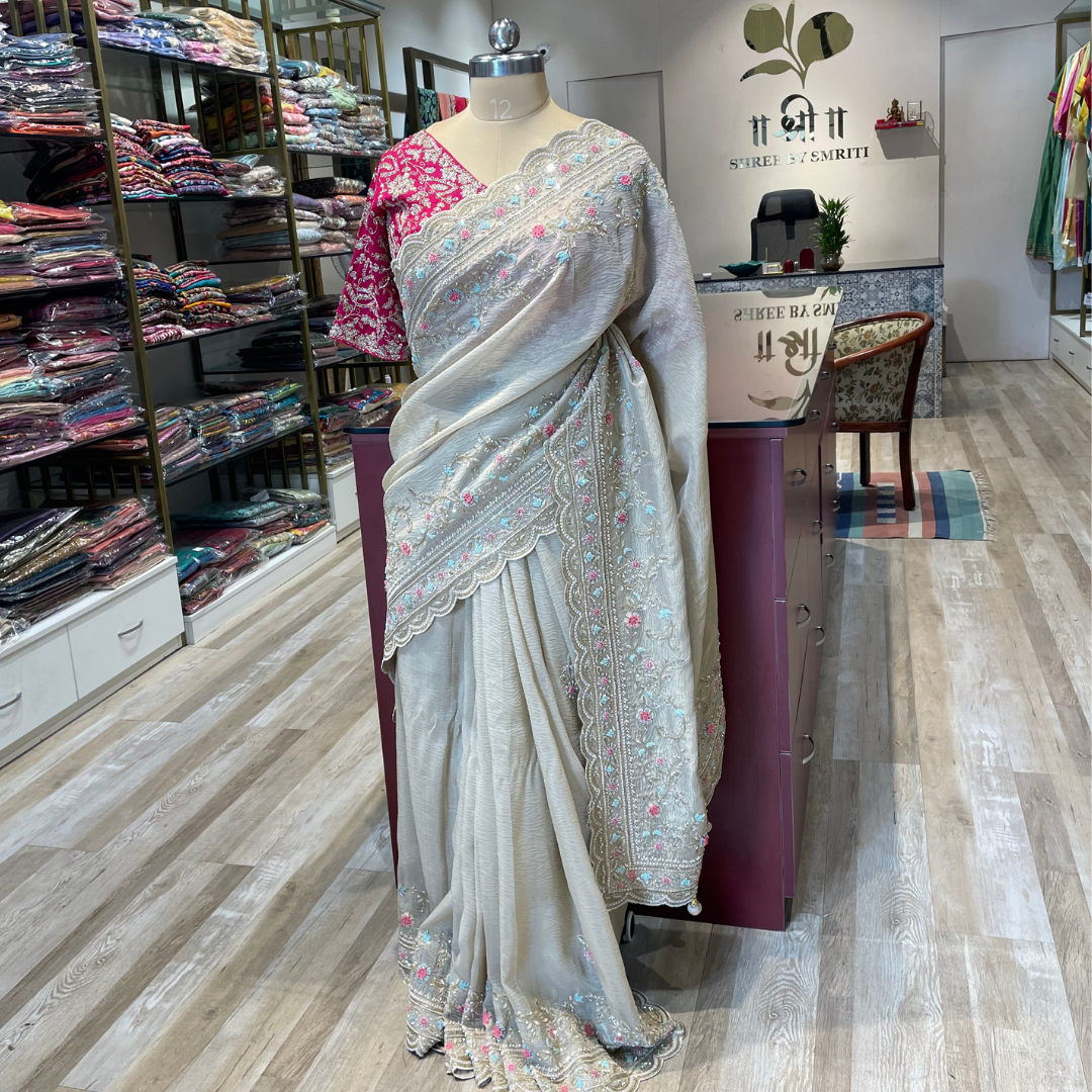 Pure crush tissue saree with thread,Moti handwork