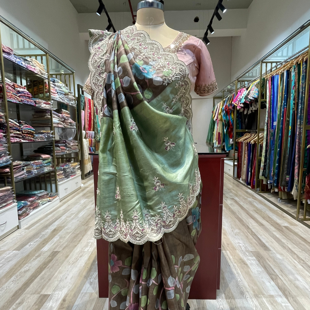 Tussar silk kalamkari with hand work