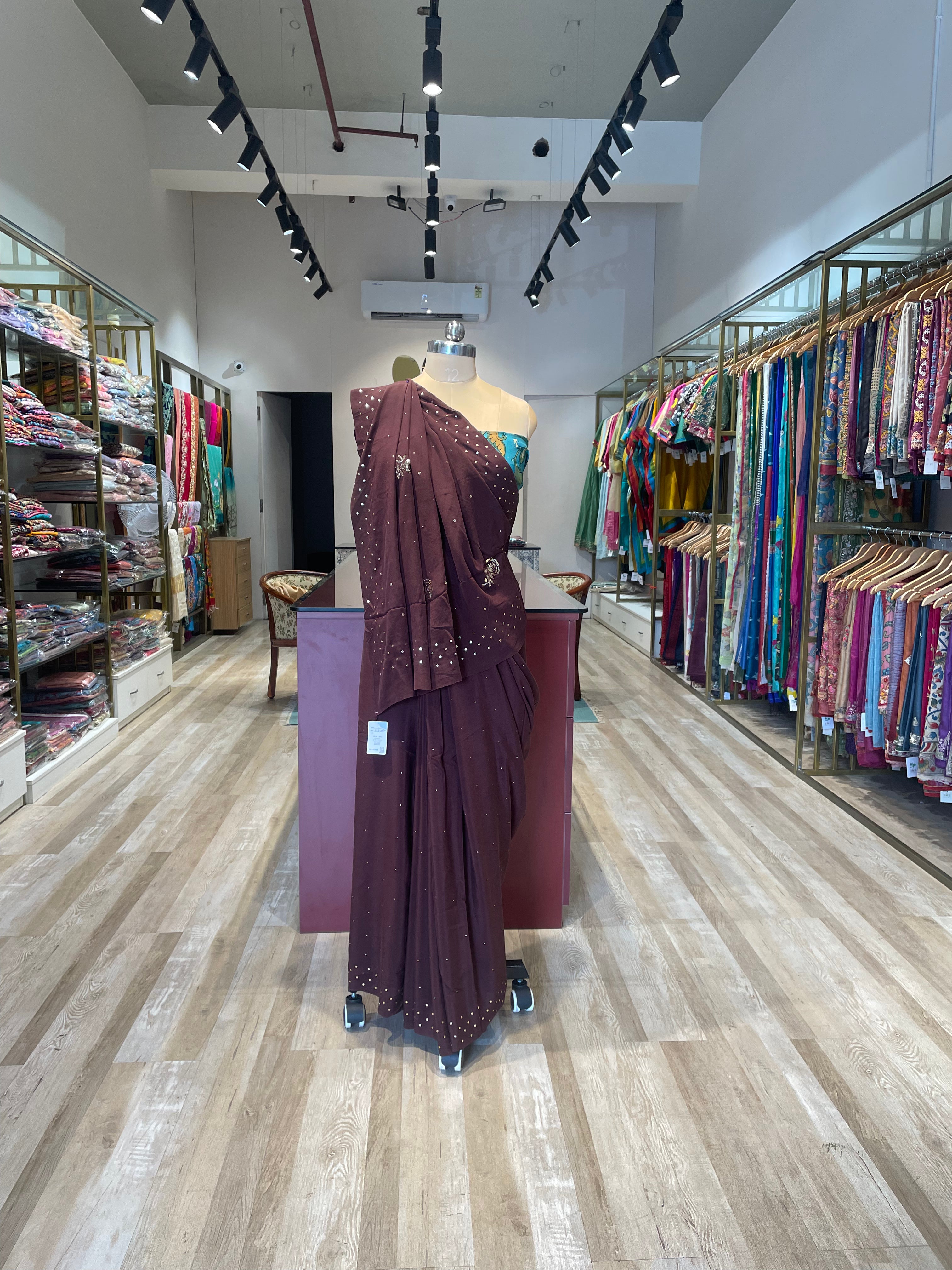 Mukesh work, creap saree with kalamkari blouse