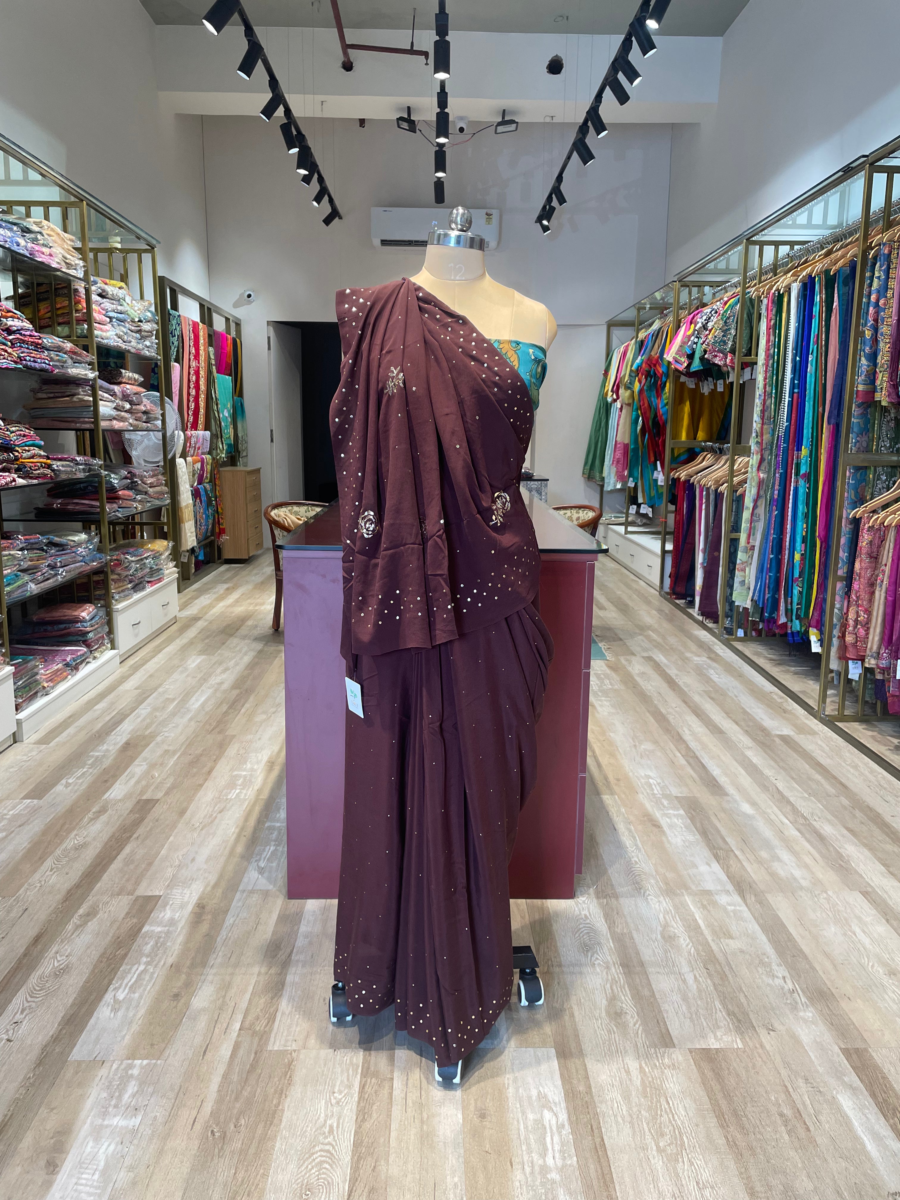 Pure creap Mukesh work saree with kalamkari blouse