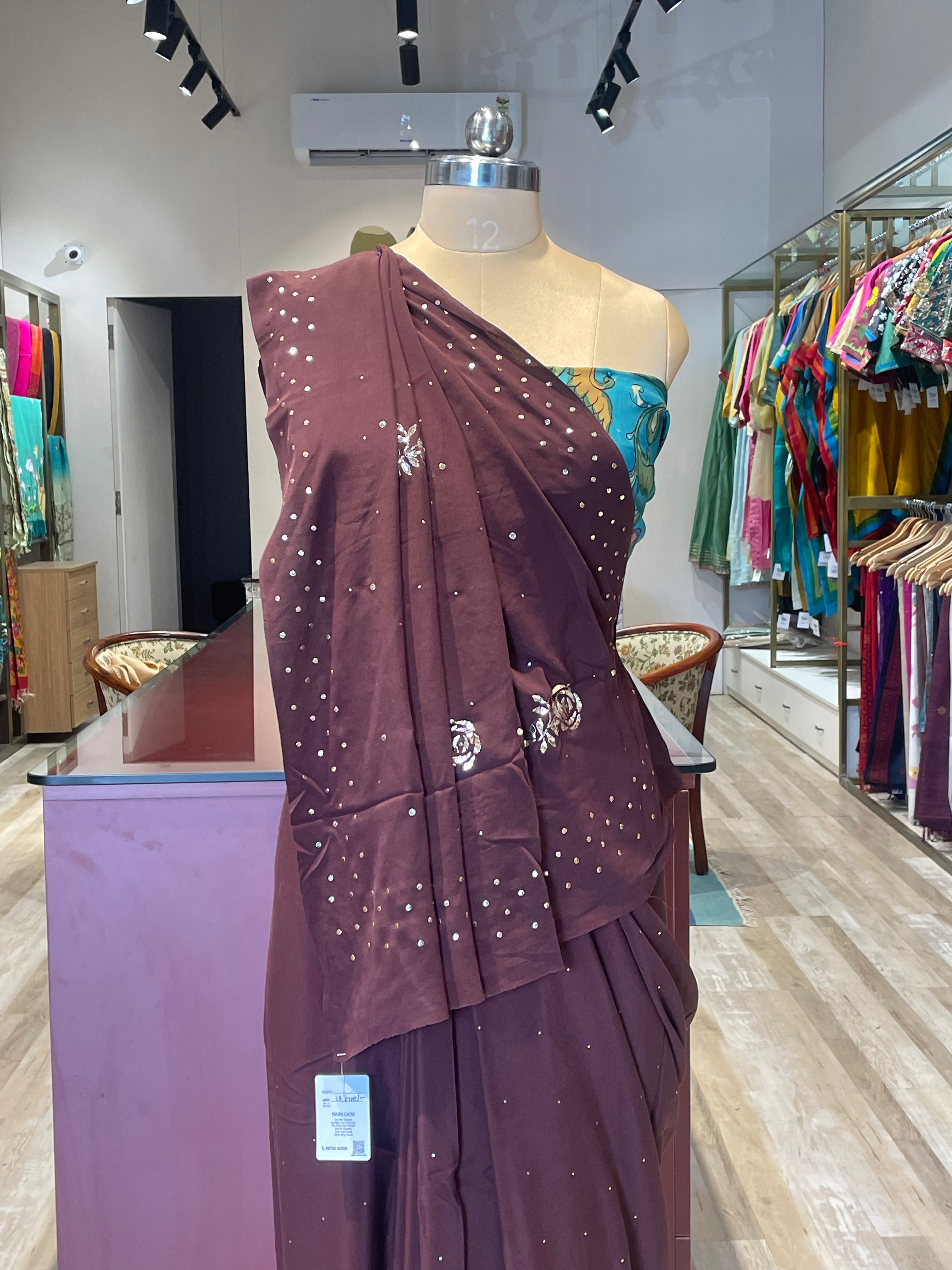 Pure creap Mukesh work saree with kalamkari blouse
