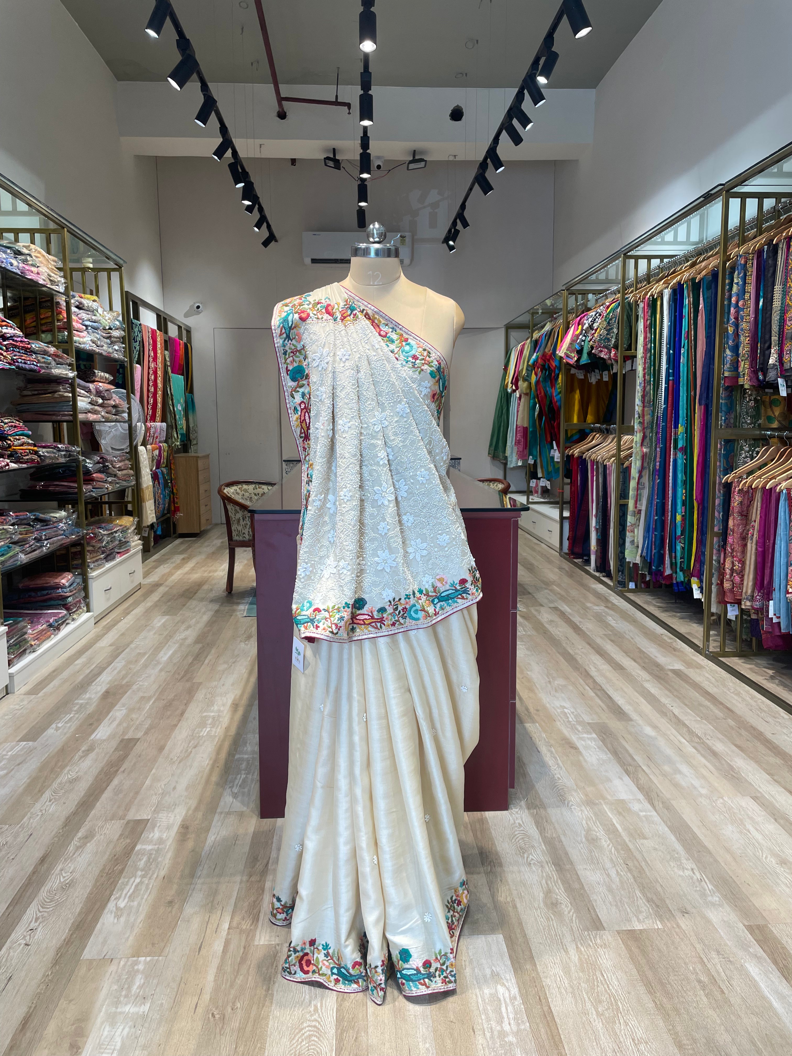 Pure tussar silk Kantha saree with Parsi work (W)