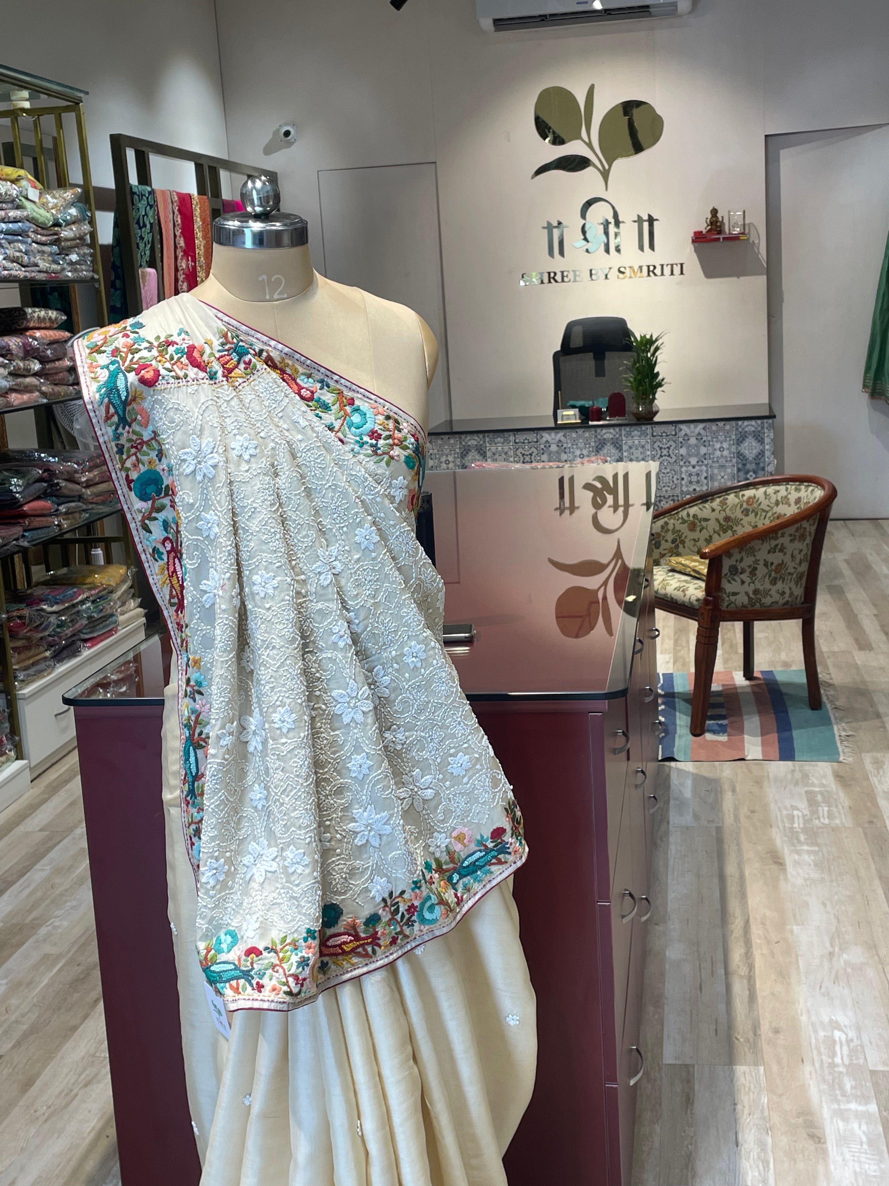 Pure tussar silk Kantha saree with Parsi work (W)