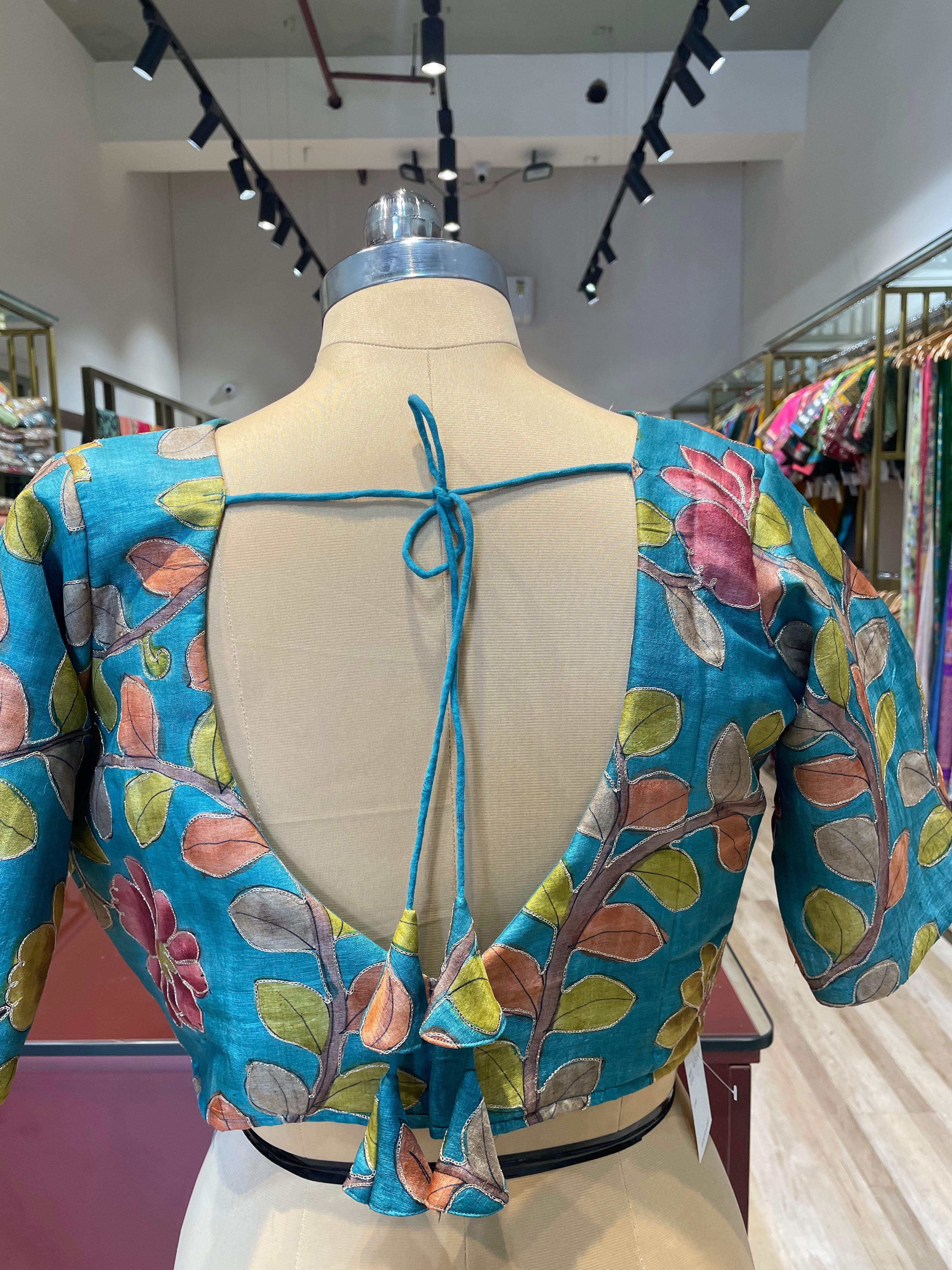 Tussar silk Kalamkari with aari work blouse