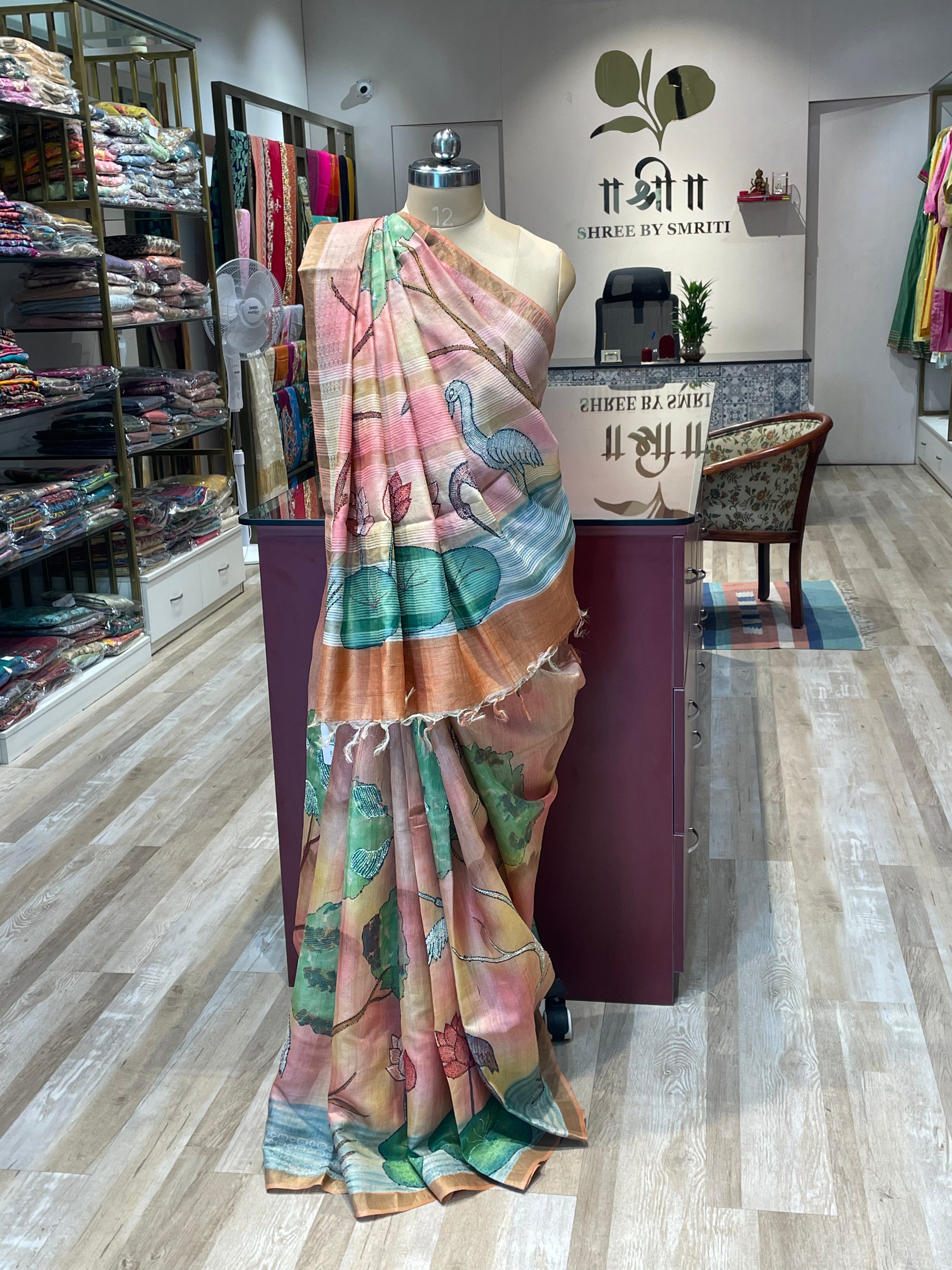 Pure tussar silk Kantha work saree (PG)