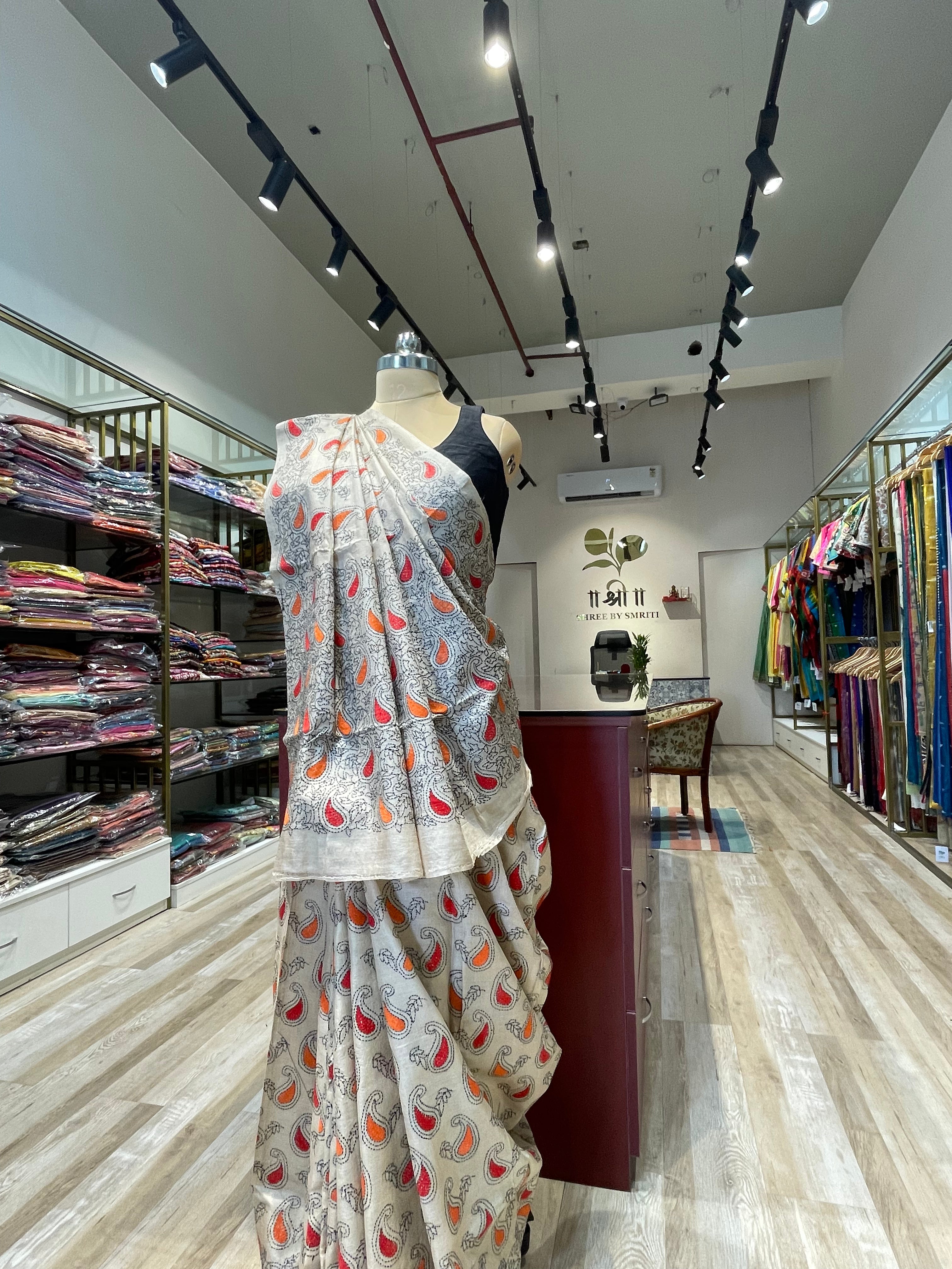 Katha work tussar saree (White)