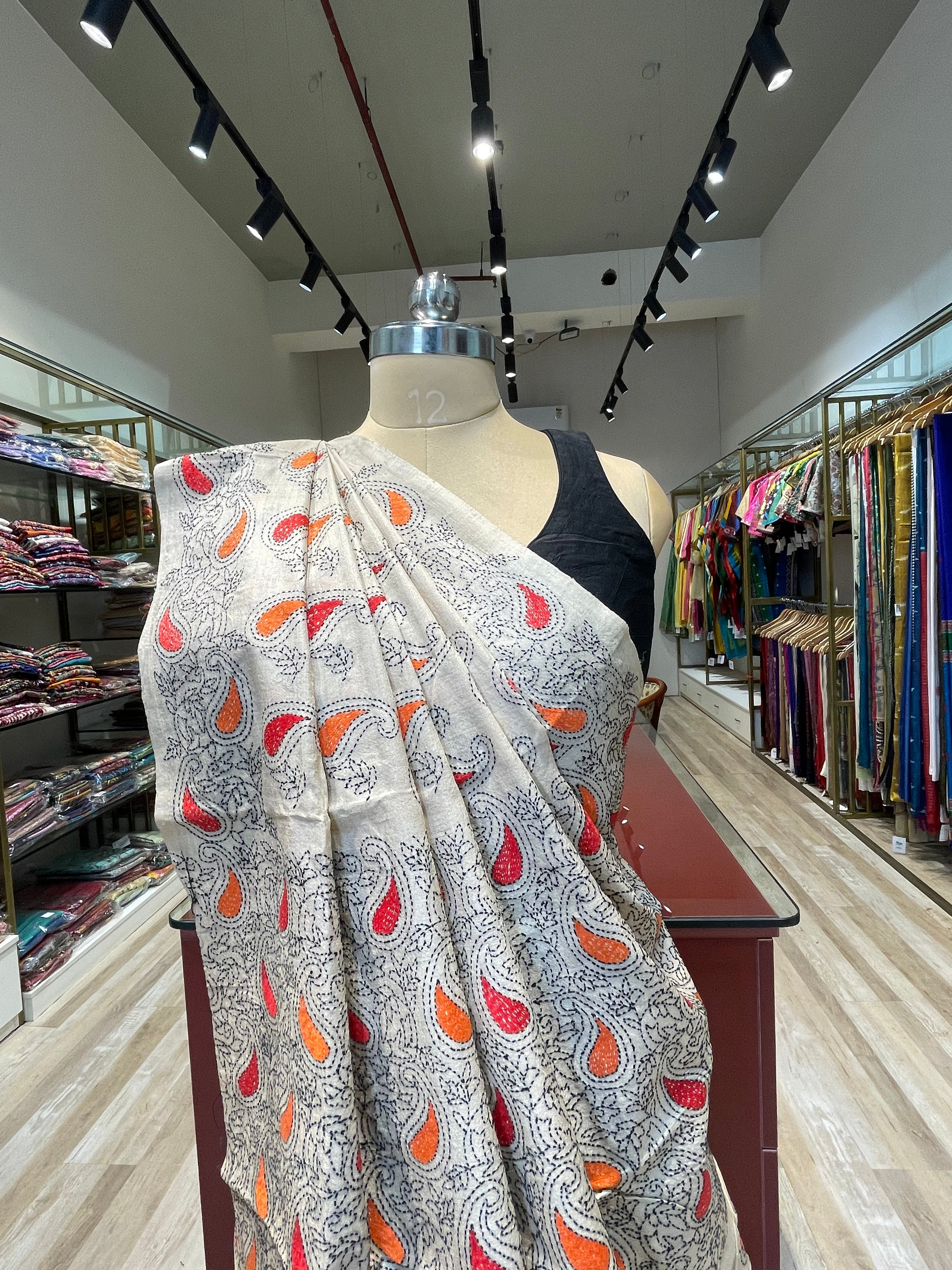 Pure tussar silk Kantha work saree (WL)