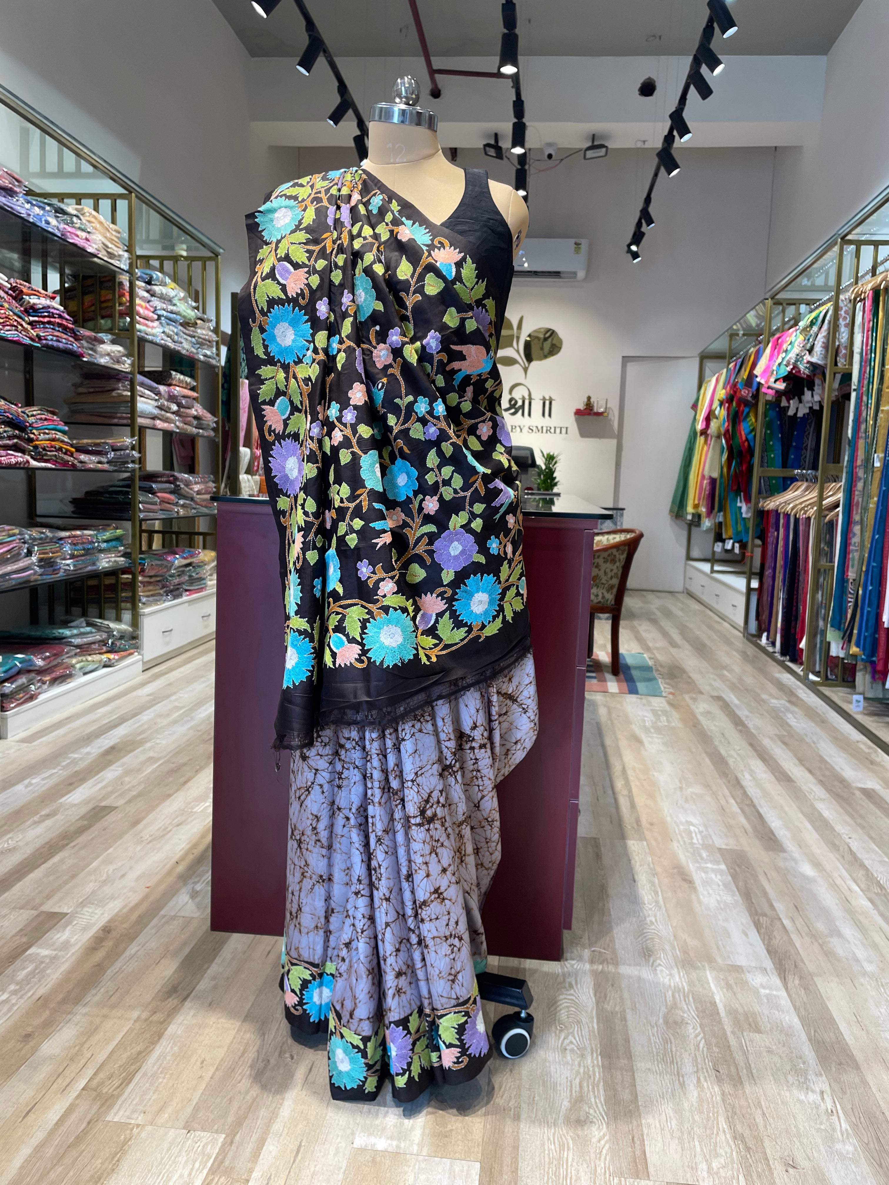 Pure mulberry silk Kantha work saree