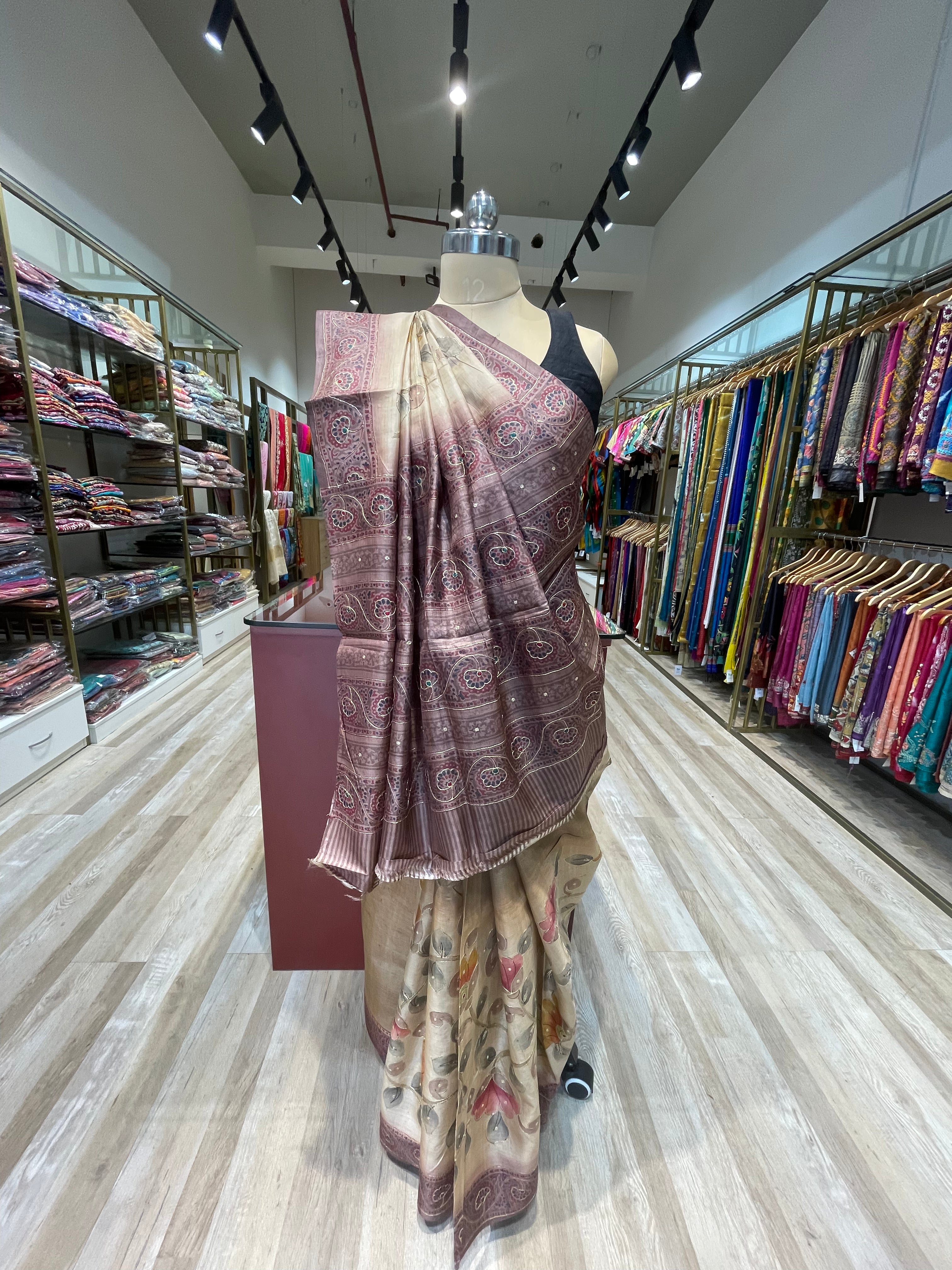 Pure tussar silk kalamkari saree with aari work  (C)