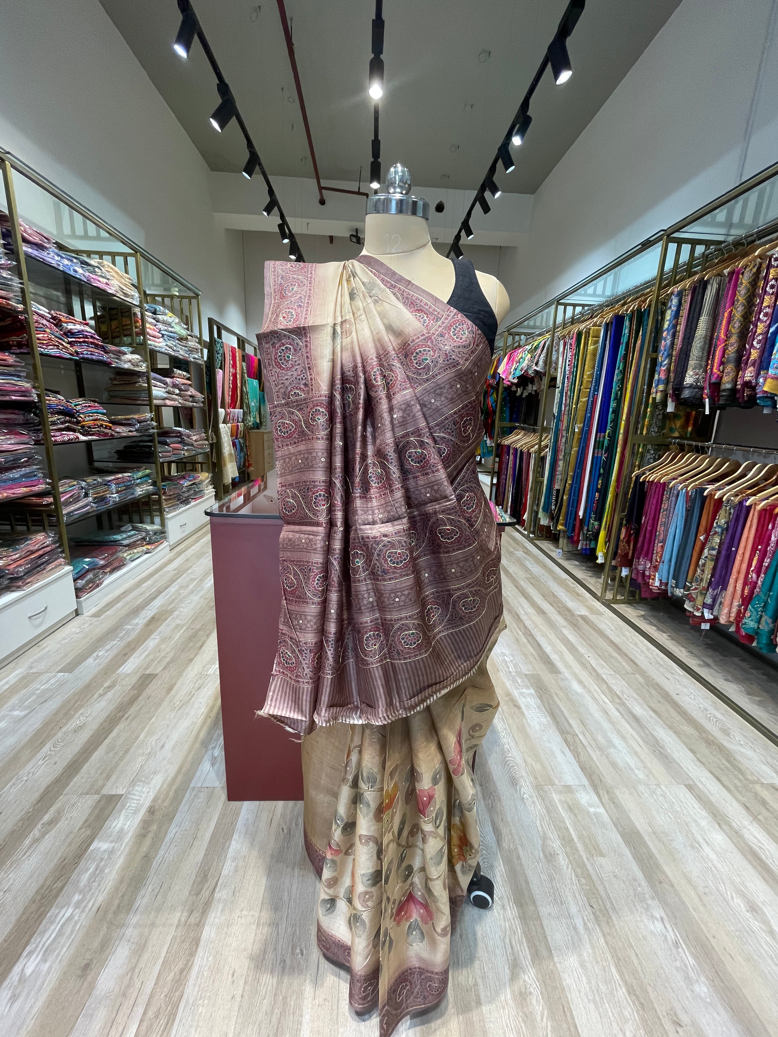 Pure tussar silk kalamkari saree with aari work  (C)