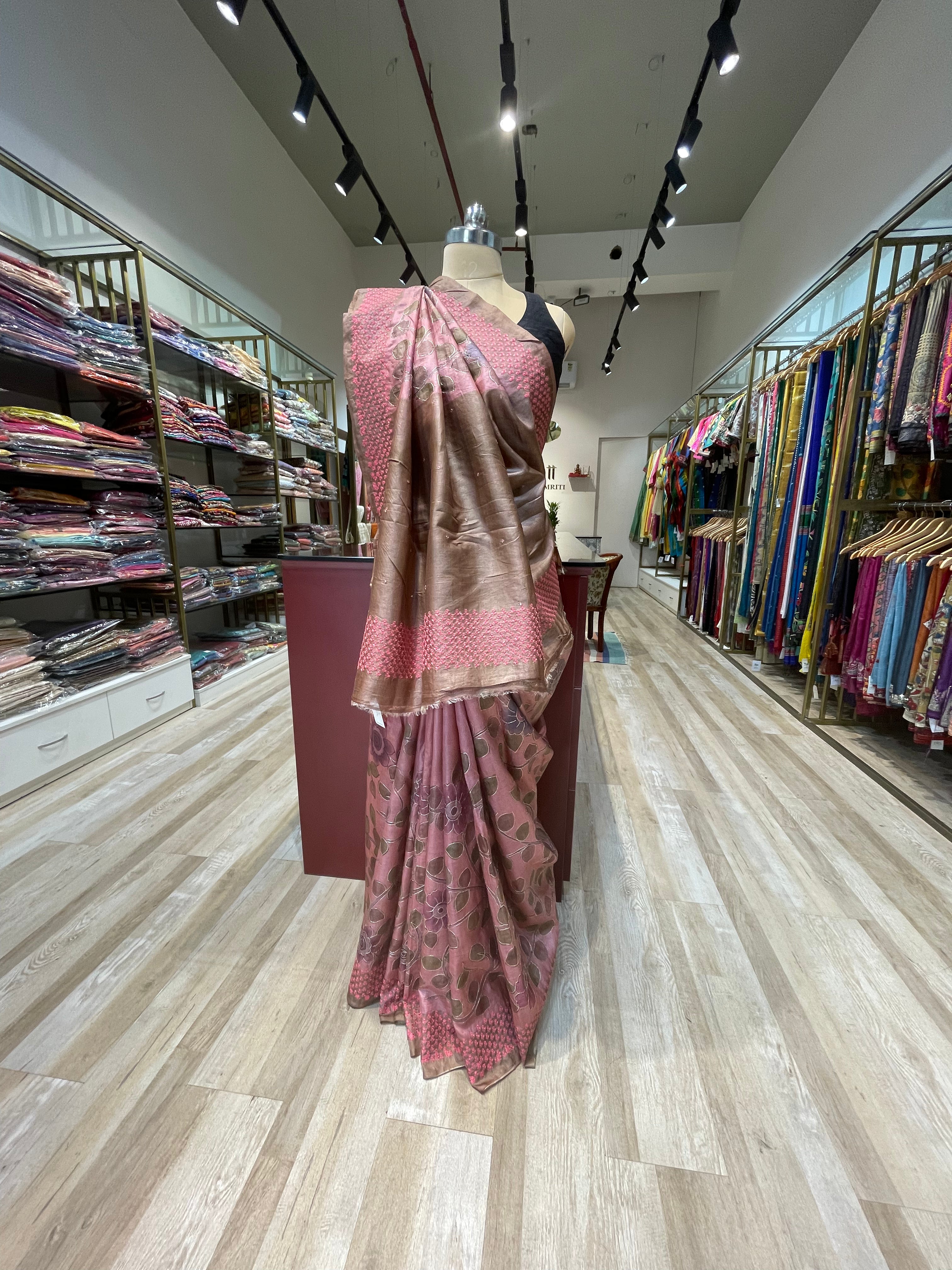 Pure tussar silk kalamkari saree with aari work  (C)
