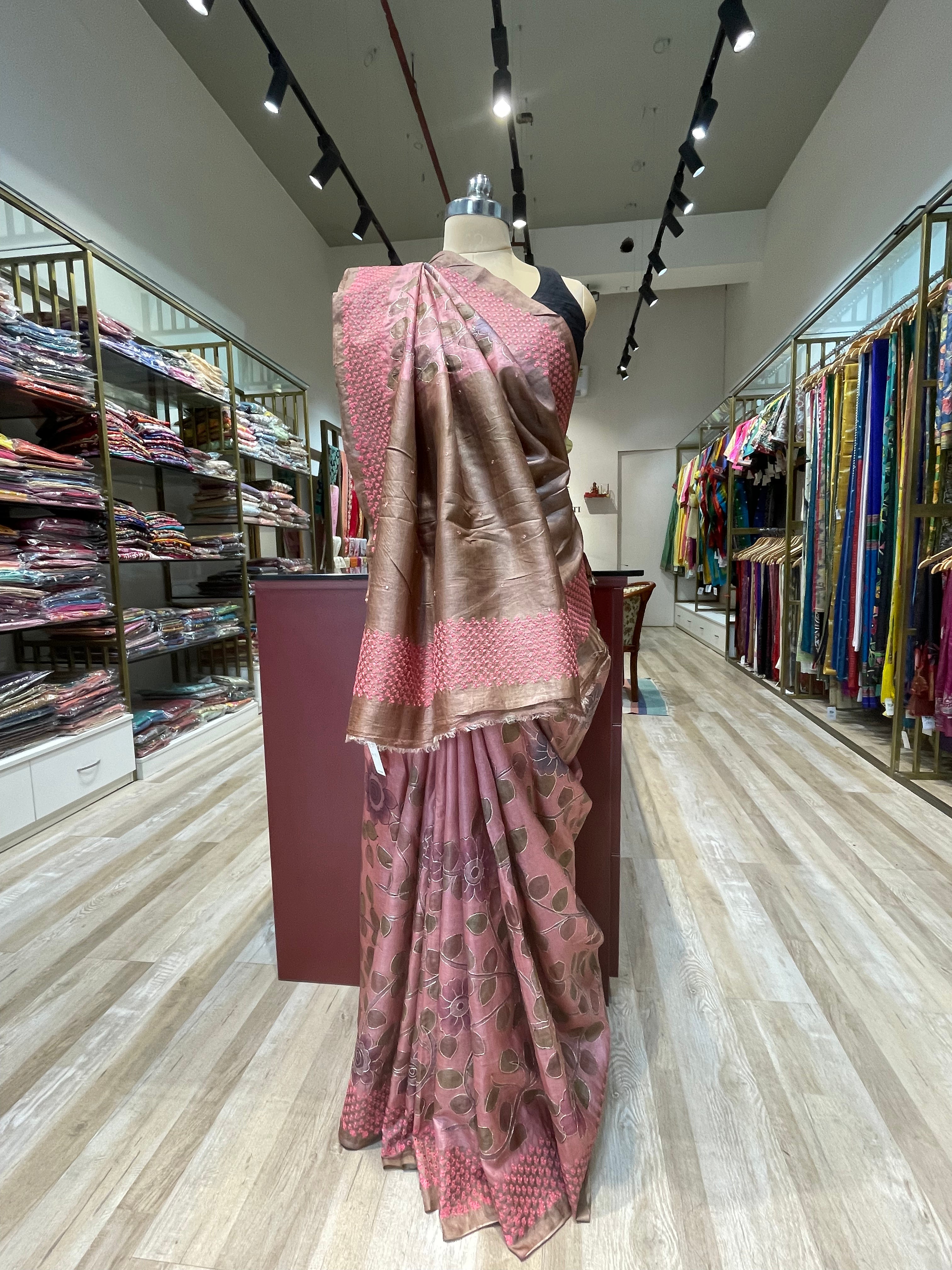 Pure tussar silk kalamkari saree with aari work  (C)