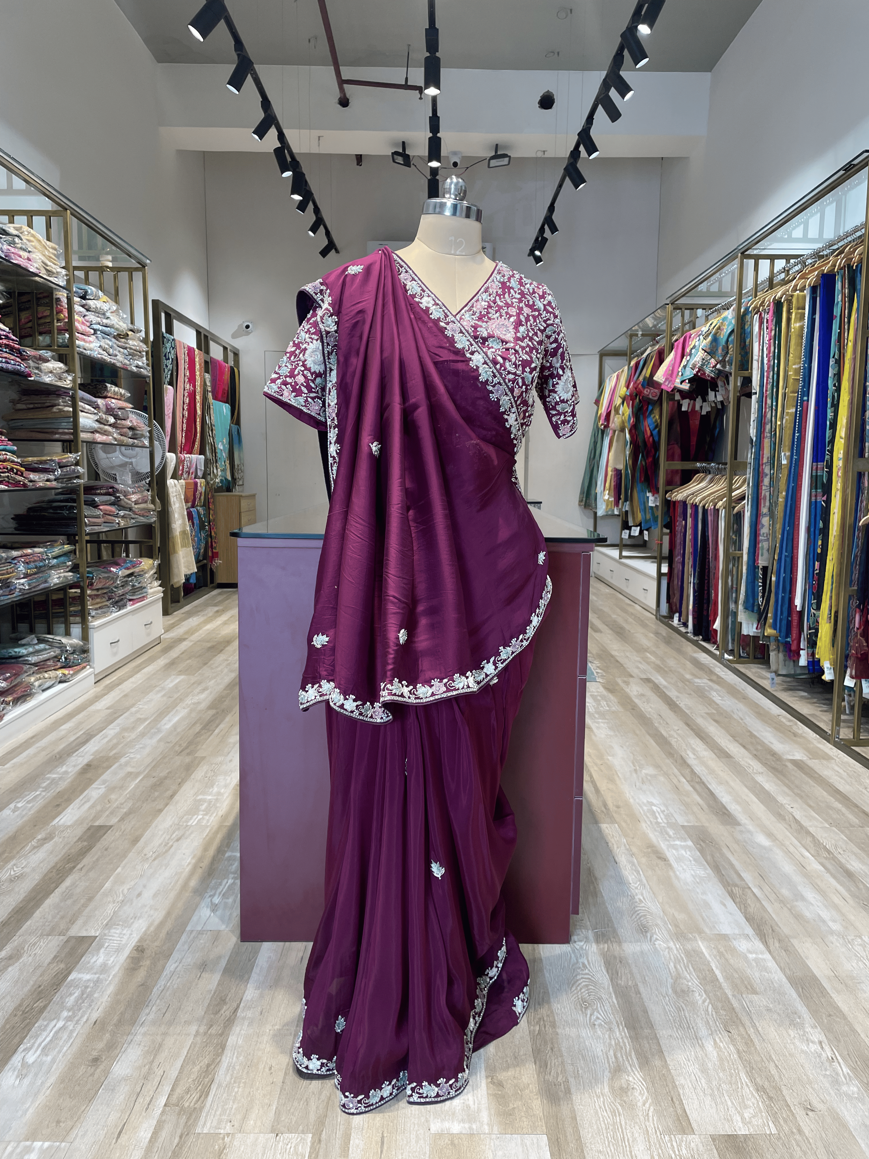 Pure satin silk saree with zardosi and threadwork (VI)