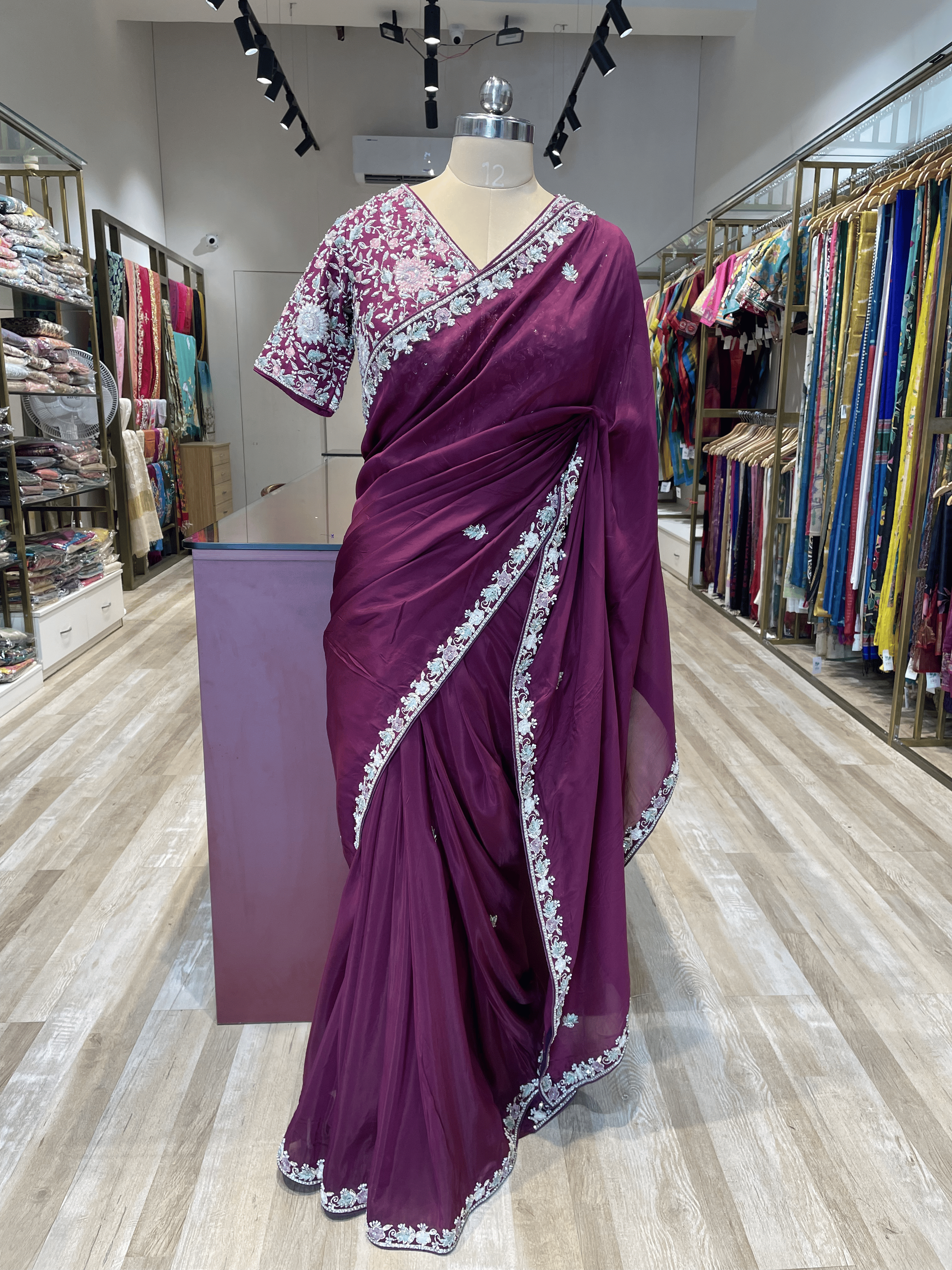 Pure satin silk saree with zardosi and threadwork (VI)