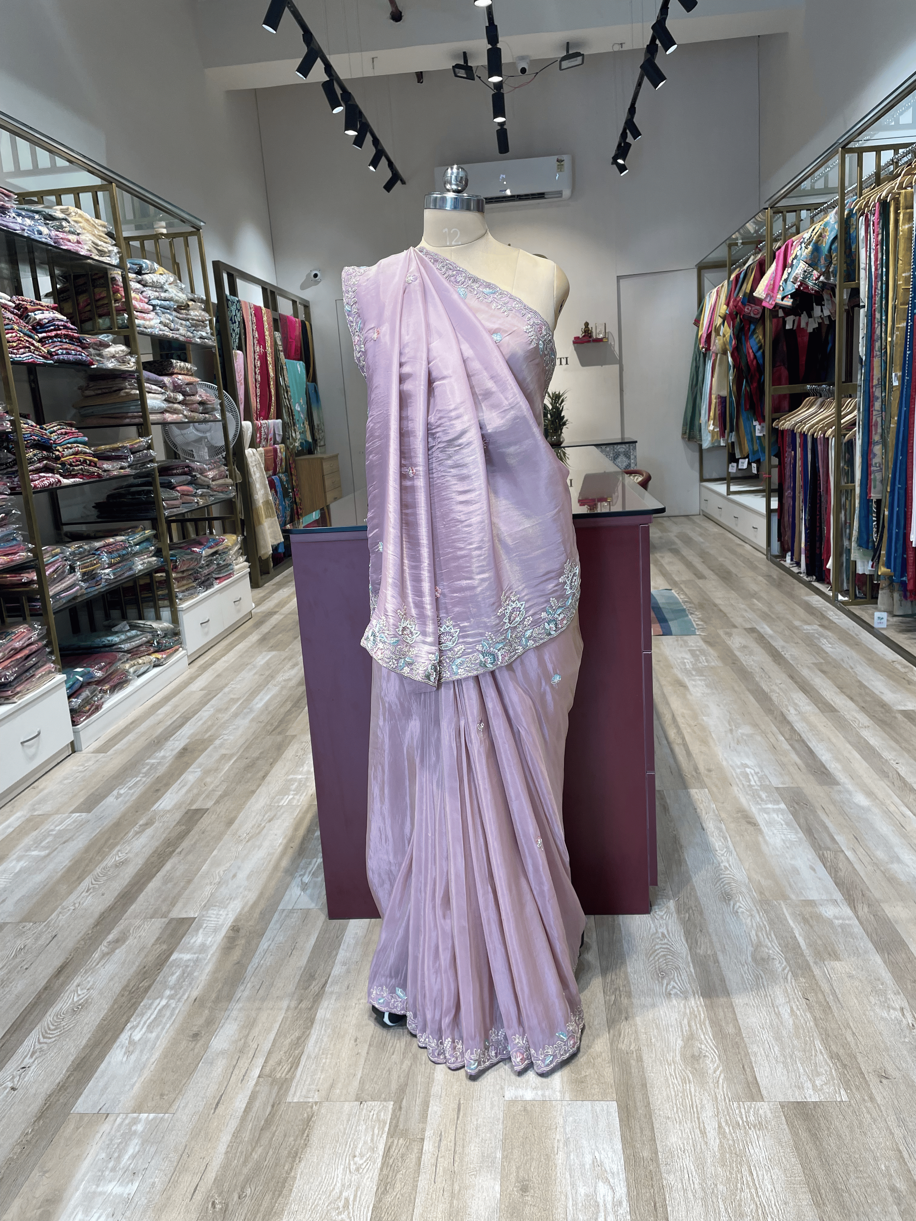 Pure satin silk saree with zardosi and threadwork  (P)