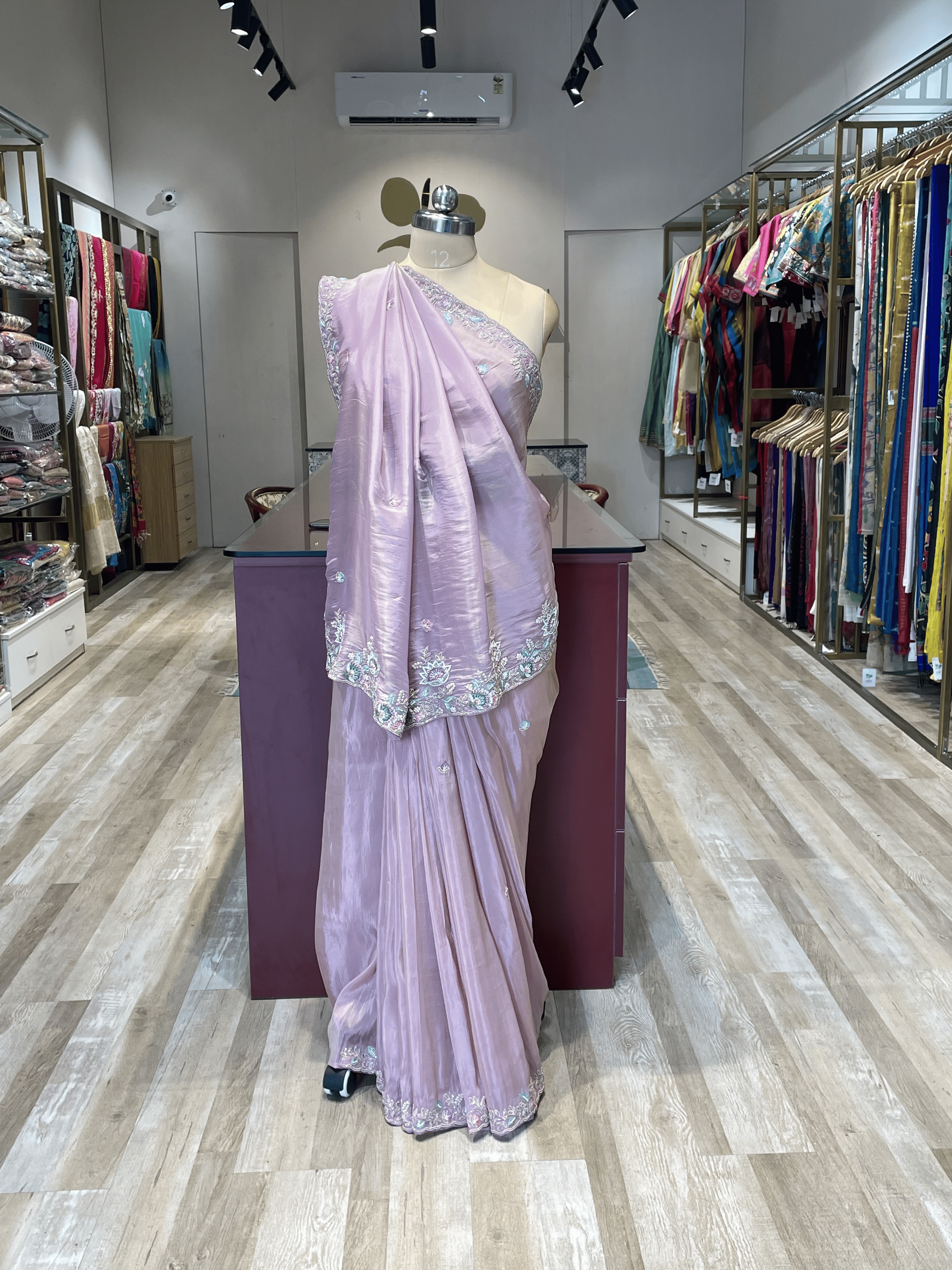 Pure satin silk saree with zardosi and threadwork  (P)