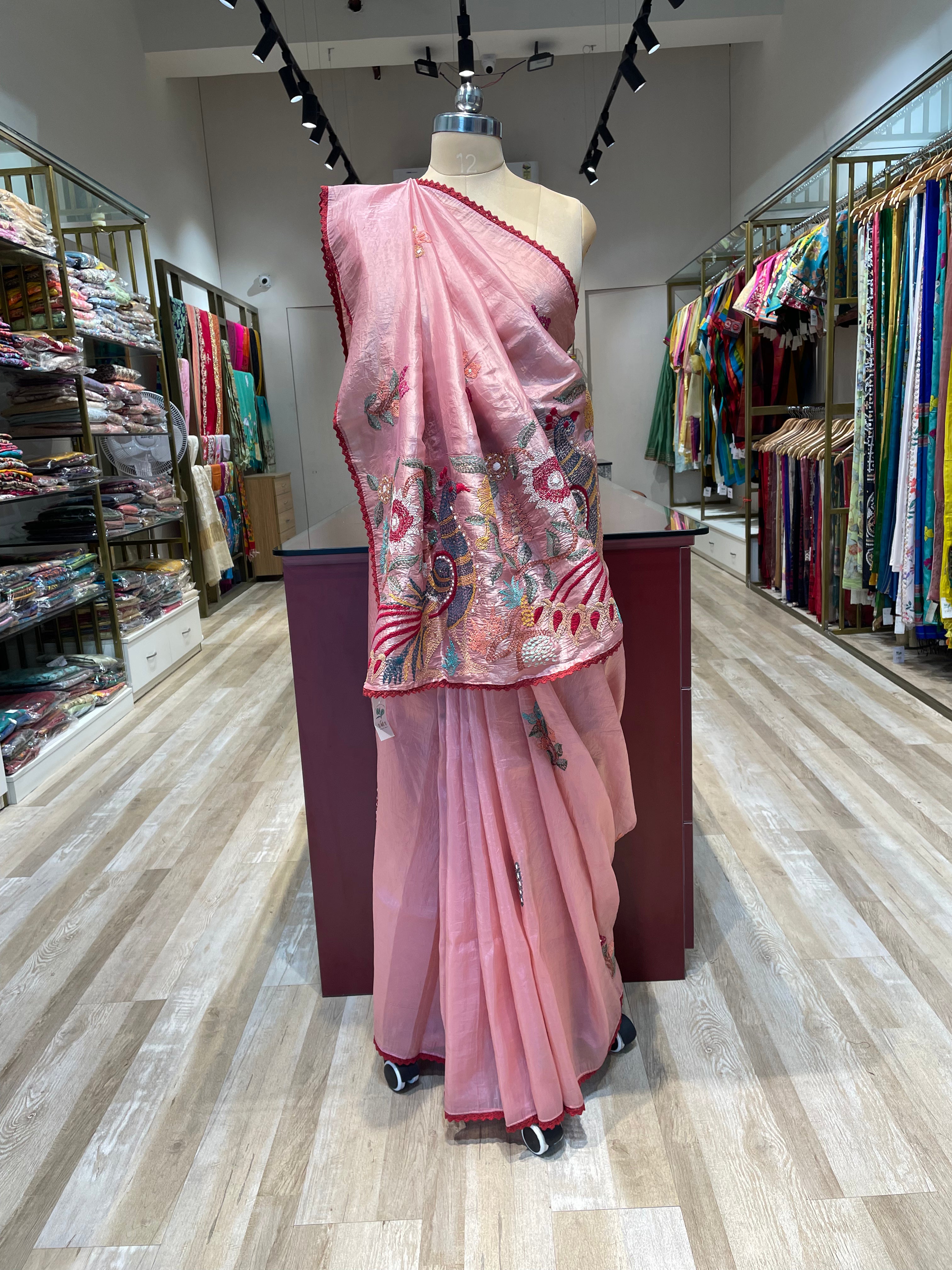 Pure crush tissue with handwork saree (PK)