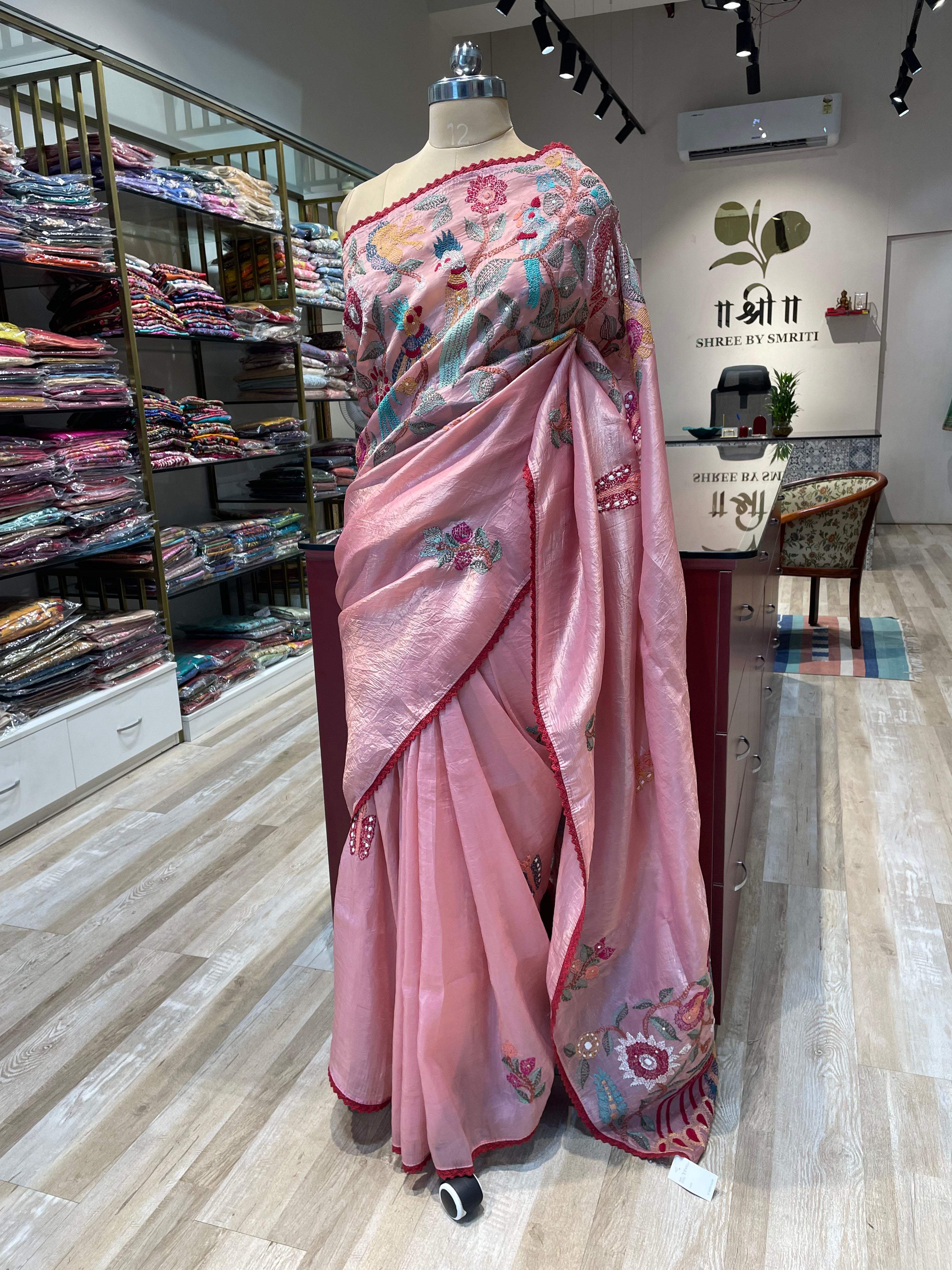 Pure crush tissue with handwork saree (PK)