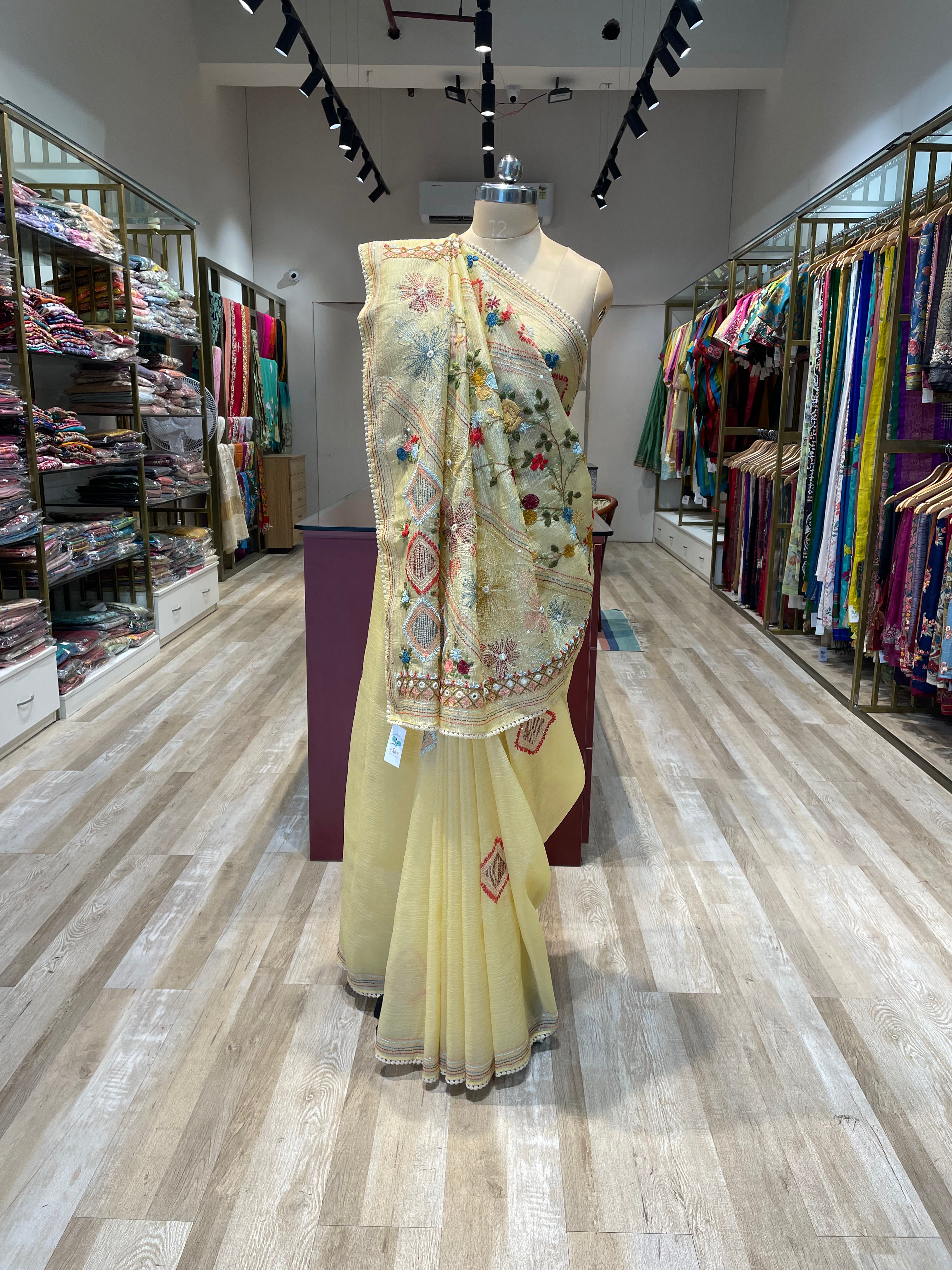 Pure crush tissue with handwork saree (LY)