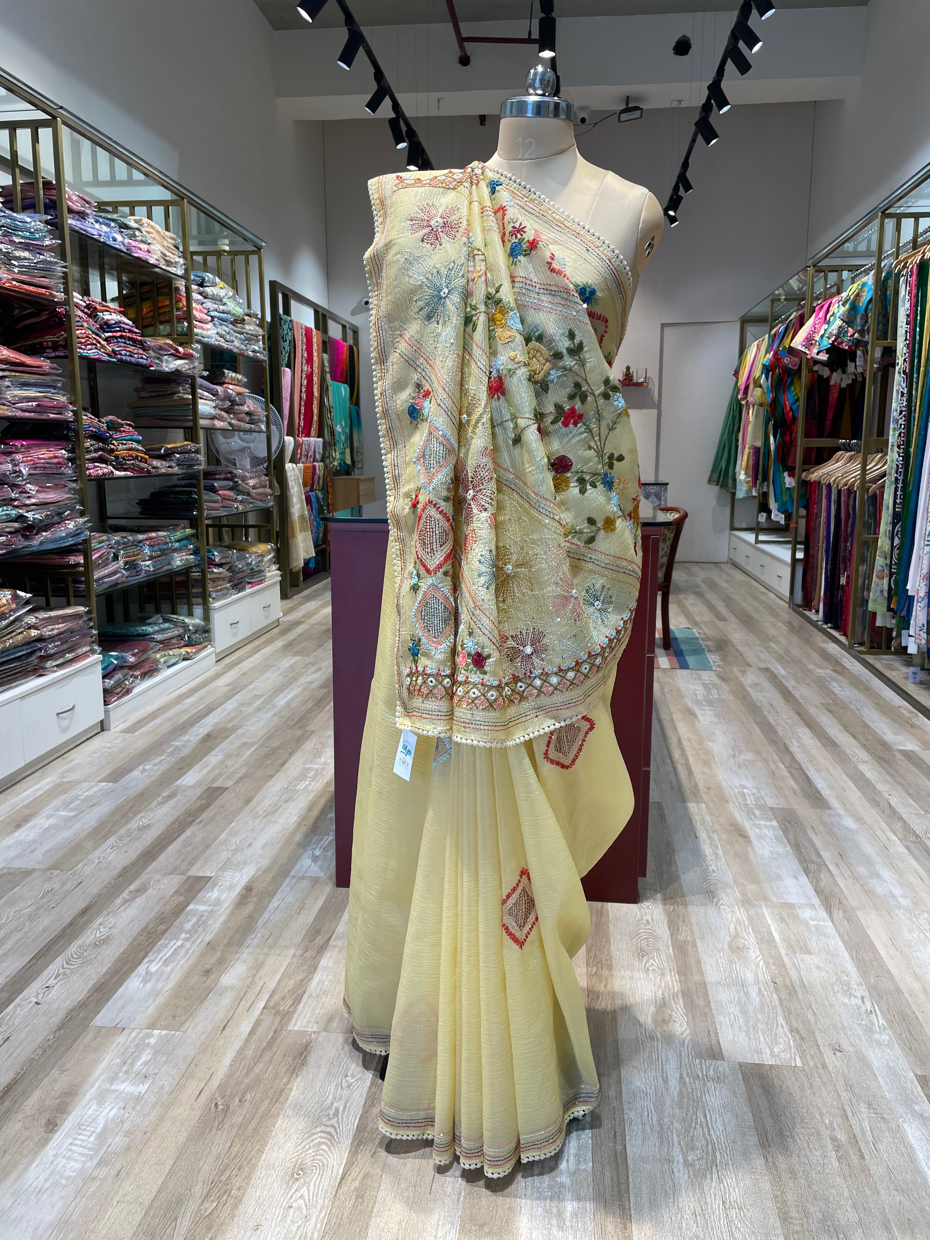 Pure crush tissue with handwork saree (LY)