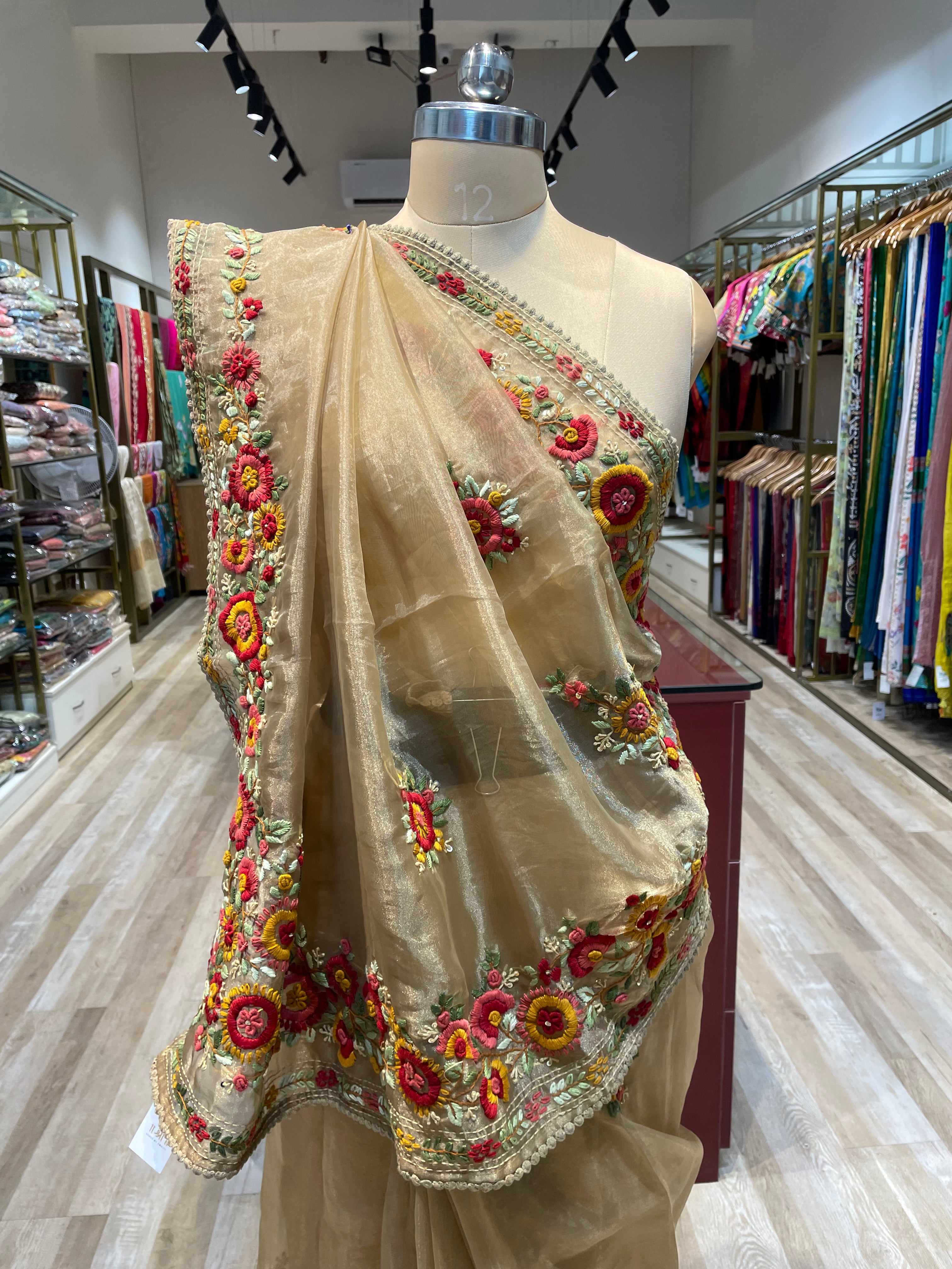 Pure crush tissue with handwork saree (DM)