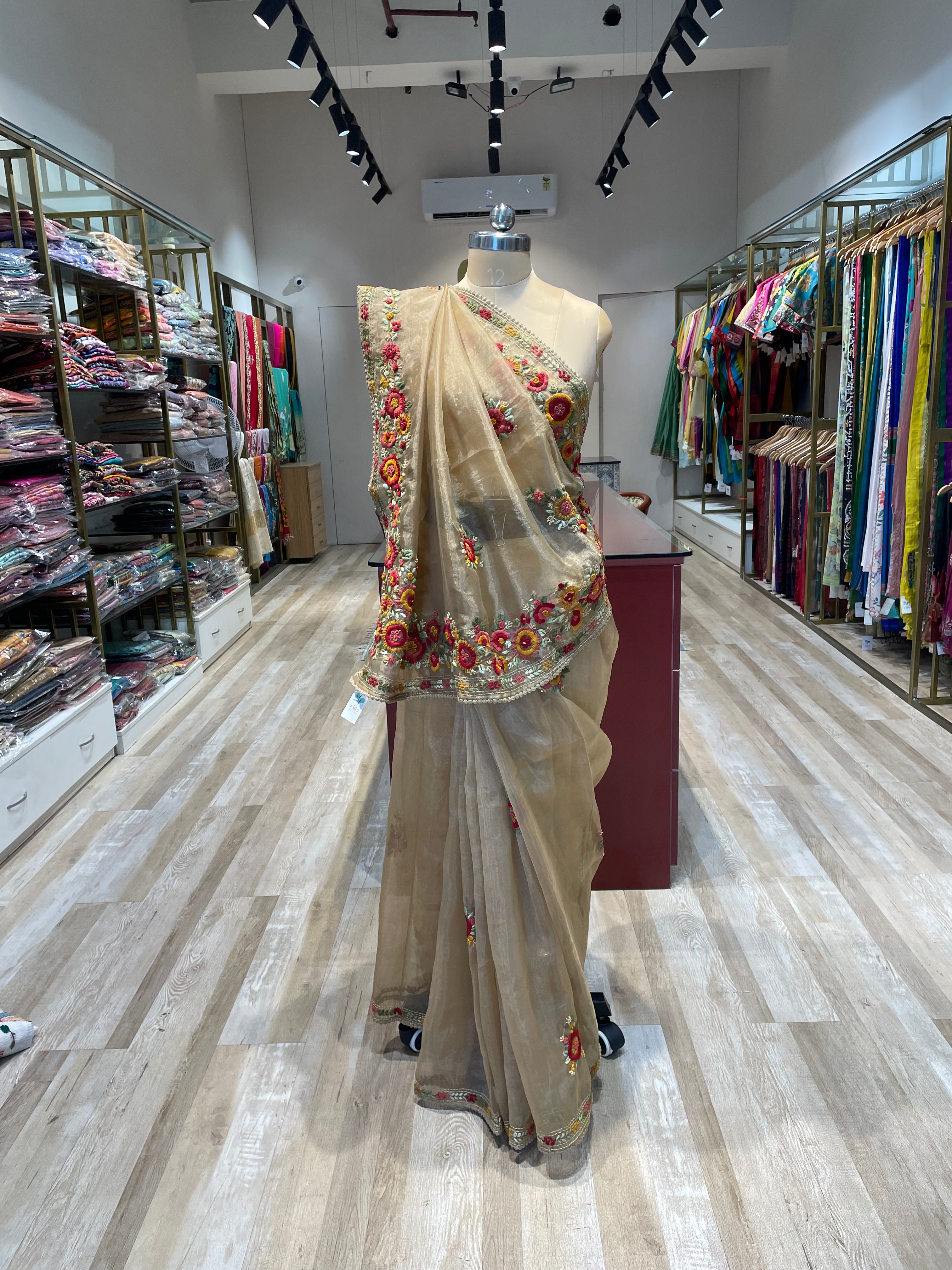 Pure crush tissue with handwork saree (DM)