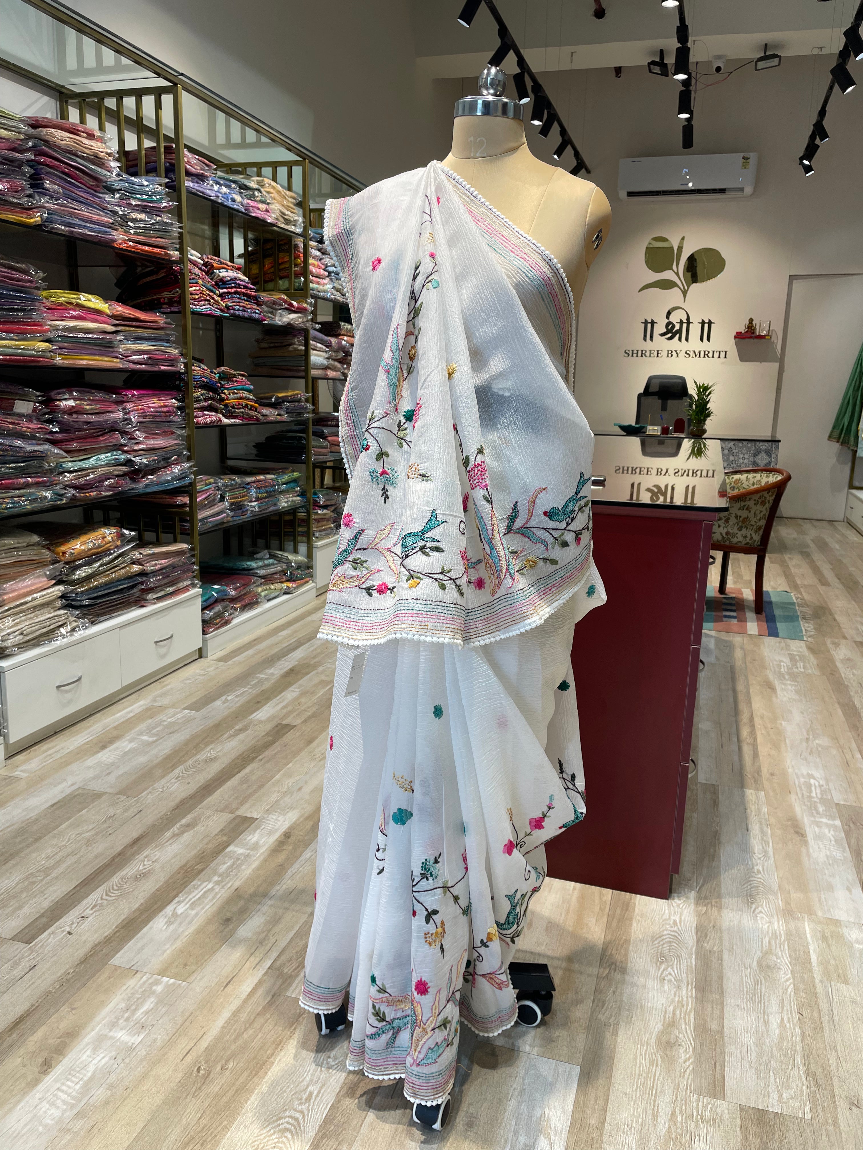 Pure crush tissue with handwork saree (WI)