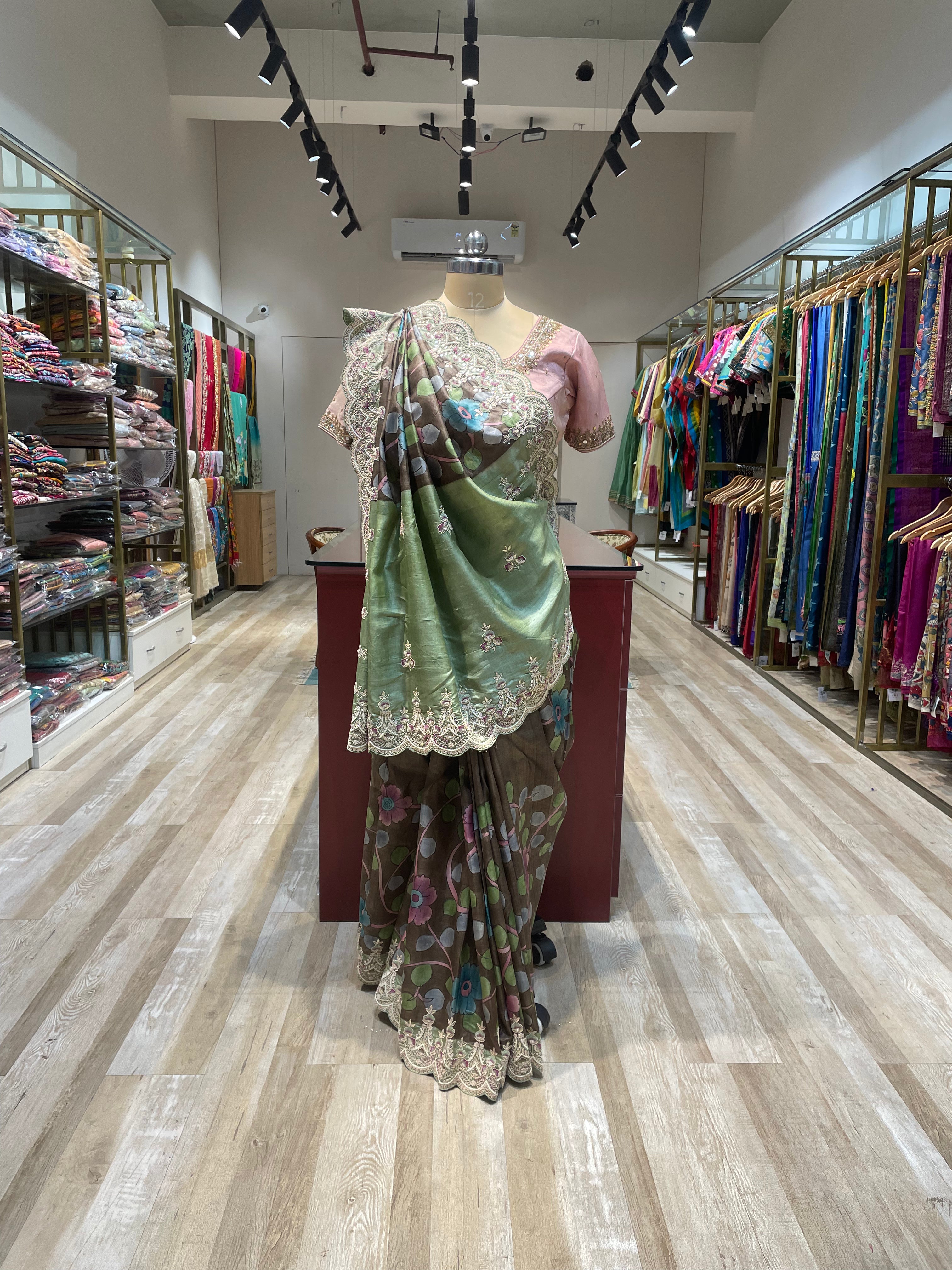 Pure Tussar silk kalamkari with handwork saree