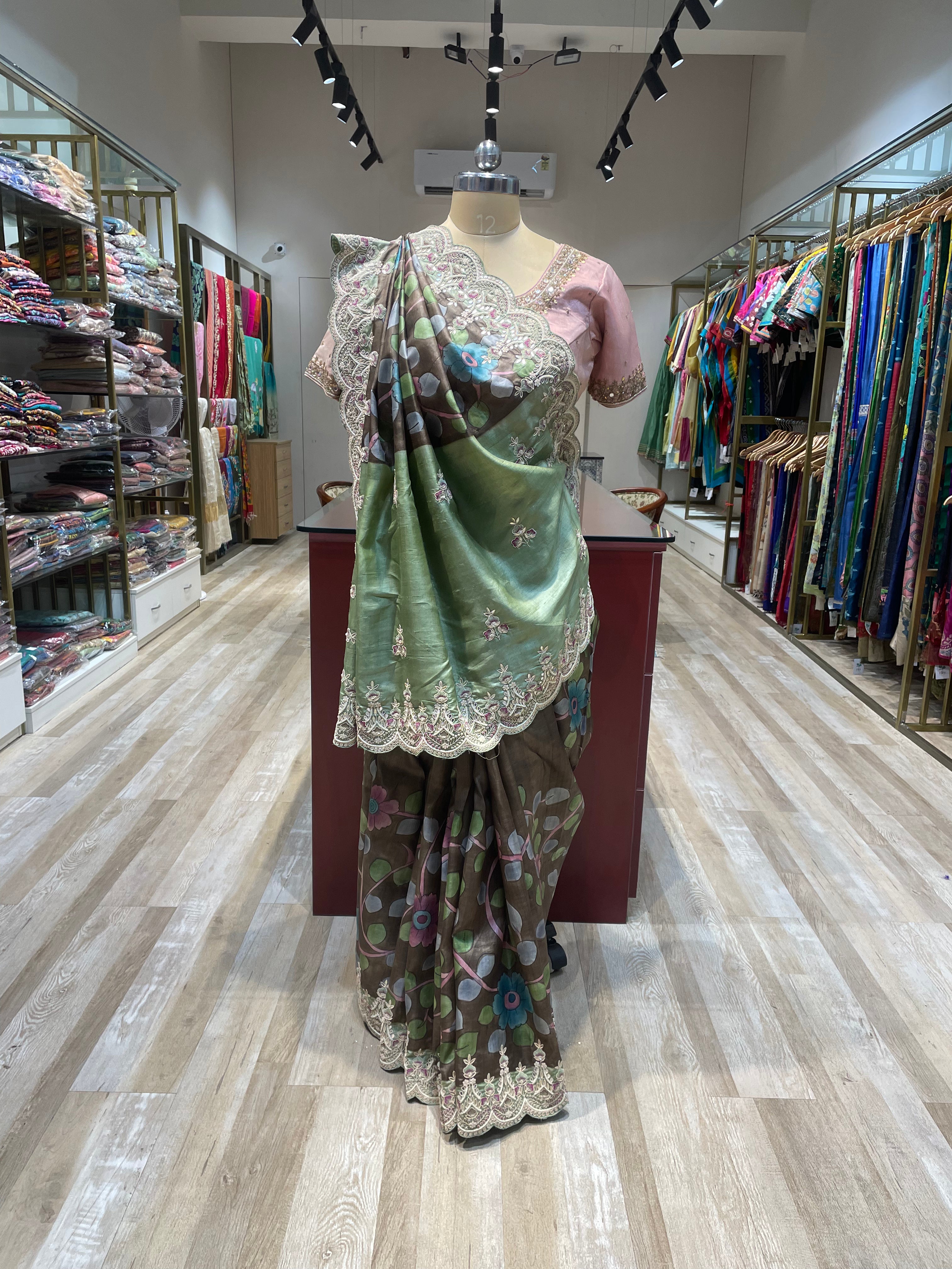 Pure Tussar silk kalamkari with handwork saree