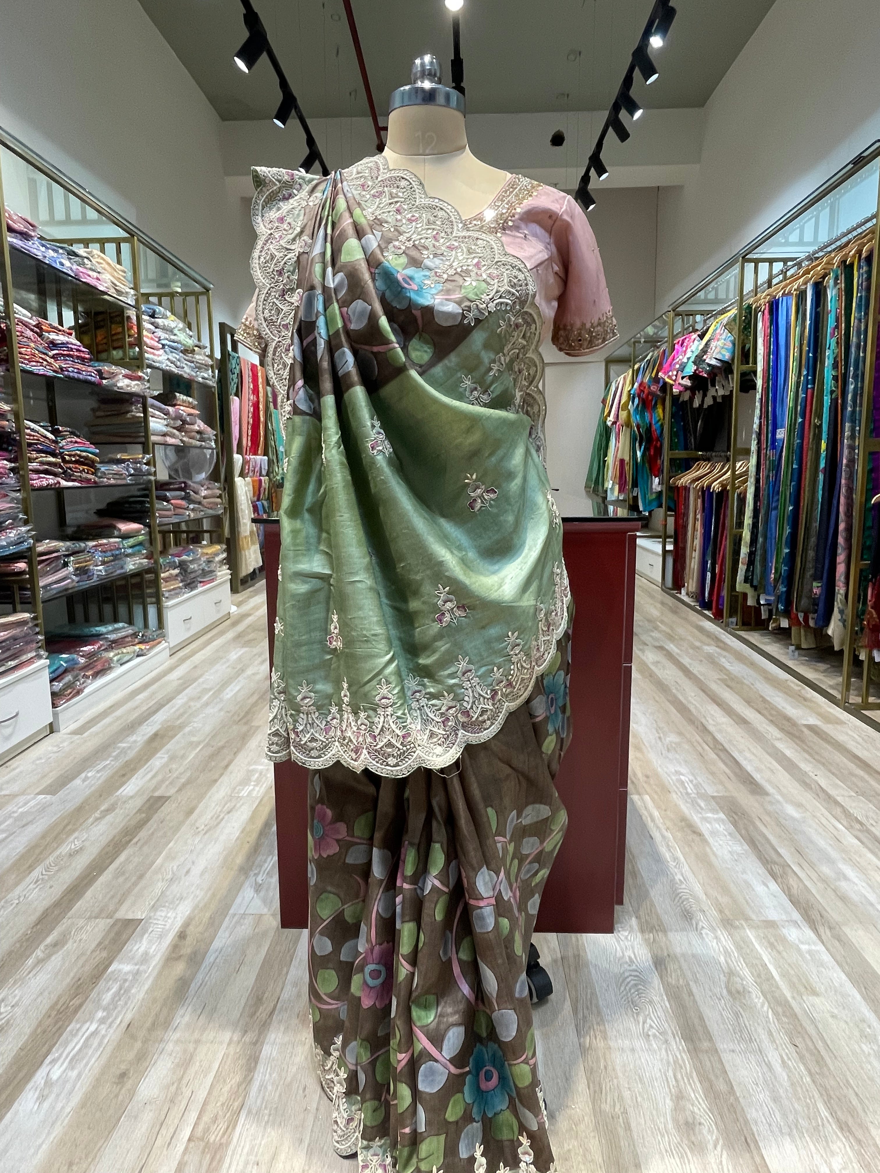 Pure Tussar silk kalamkari with handwork saree