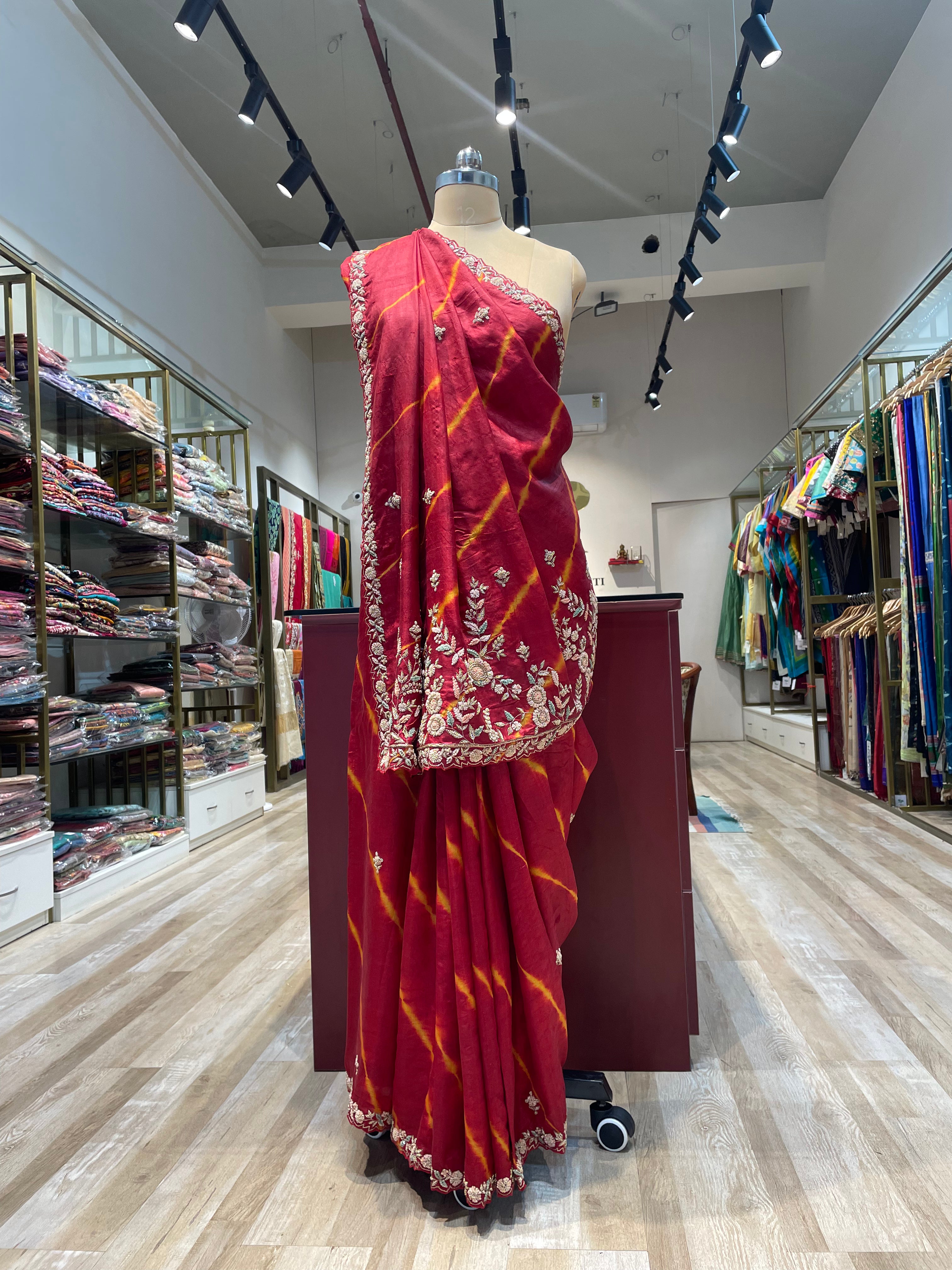 Pure tussar silk saree with zardosi work in lehriya (R)