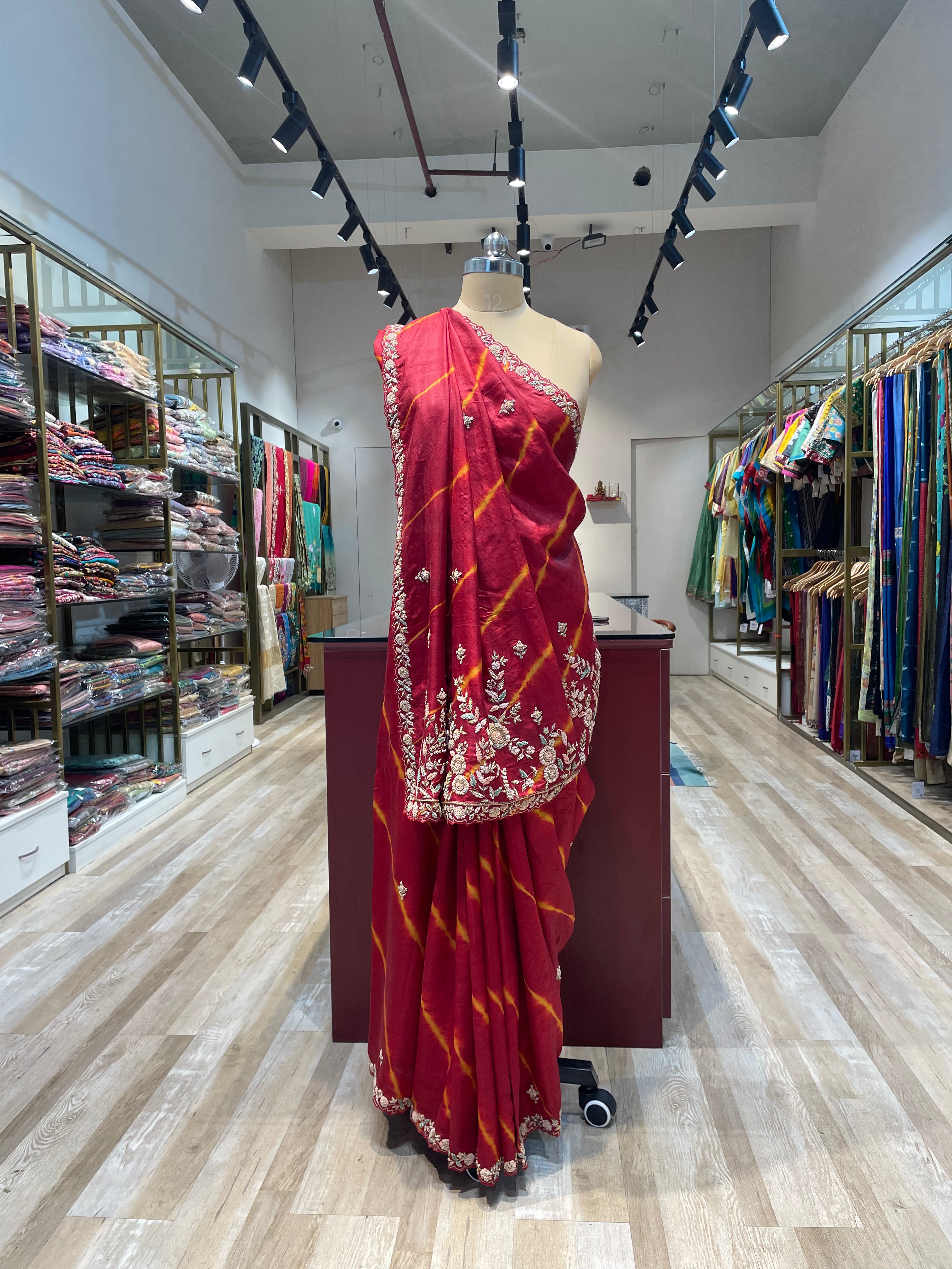 Pure tussar silk saree with zardosi work in lehriya (R)